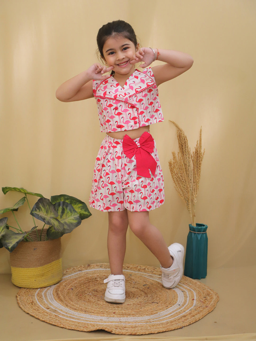 Red Sleeveless Swan Print Cotton Co-Ord Sets For Girls - AJ Dezines
