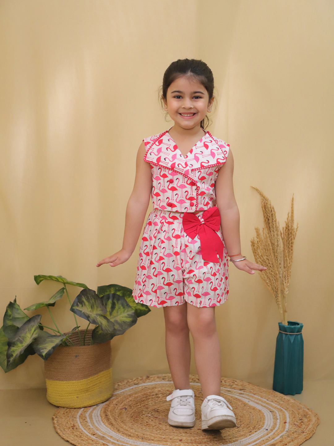 Red Sleeveless Swan Print Cotton Co-Ord Sets For Girls - AJ Dezines