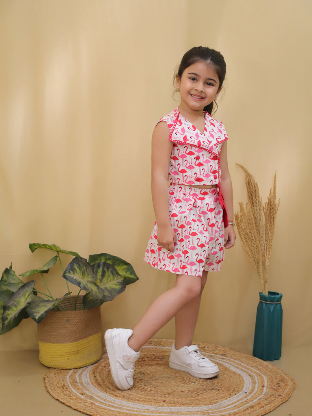Red Sleeveless Swan Print Cotton Co-Ord Sets For Girls - AJ Dezines