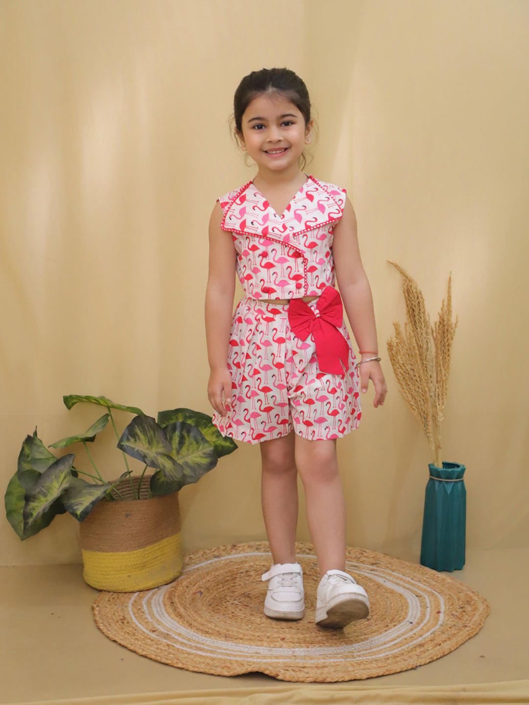 Red Sleeveless Swan Print Cotton Co-Ord Sets For Girls - AJ Dezines