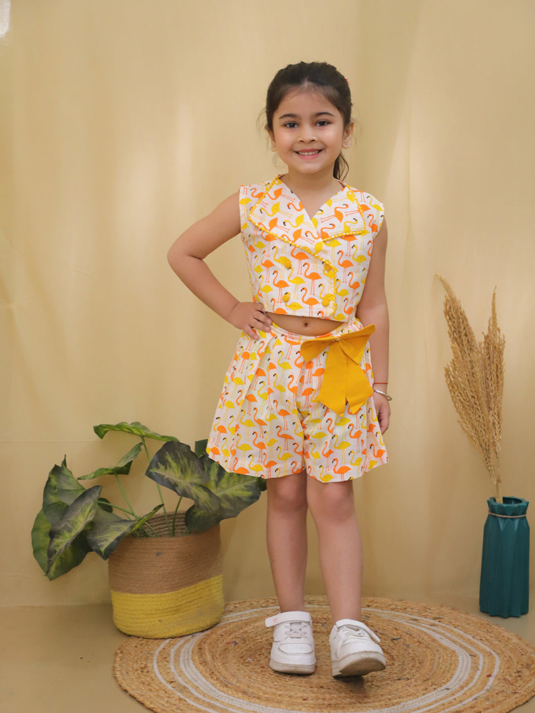 Yellow Sleeveless Swan Print Cotton Co-Ord Sets For Girls - AJ Dezines