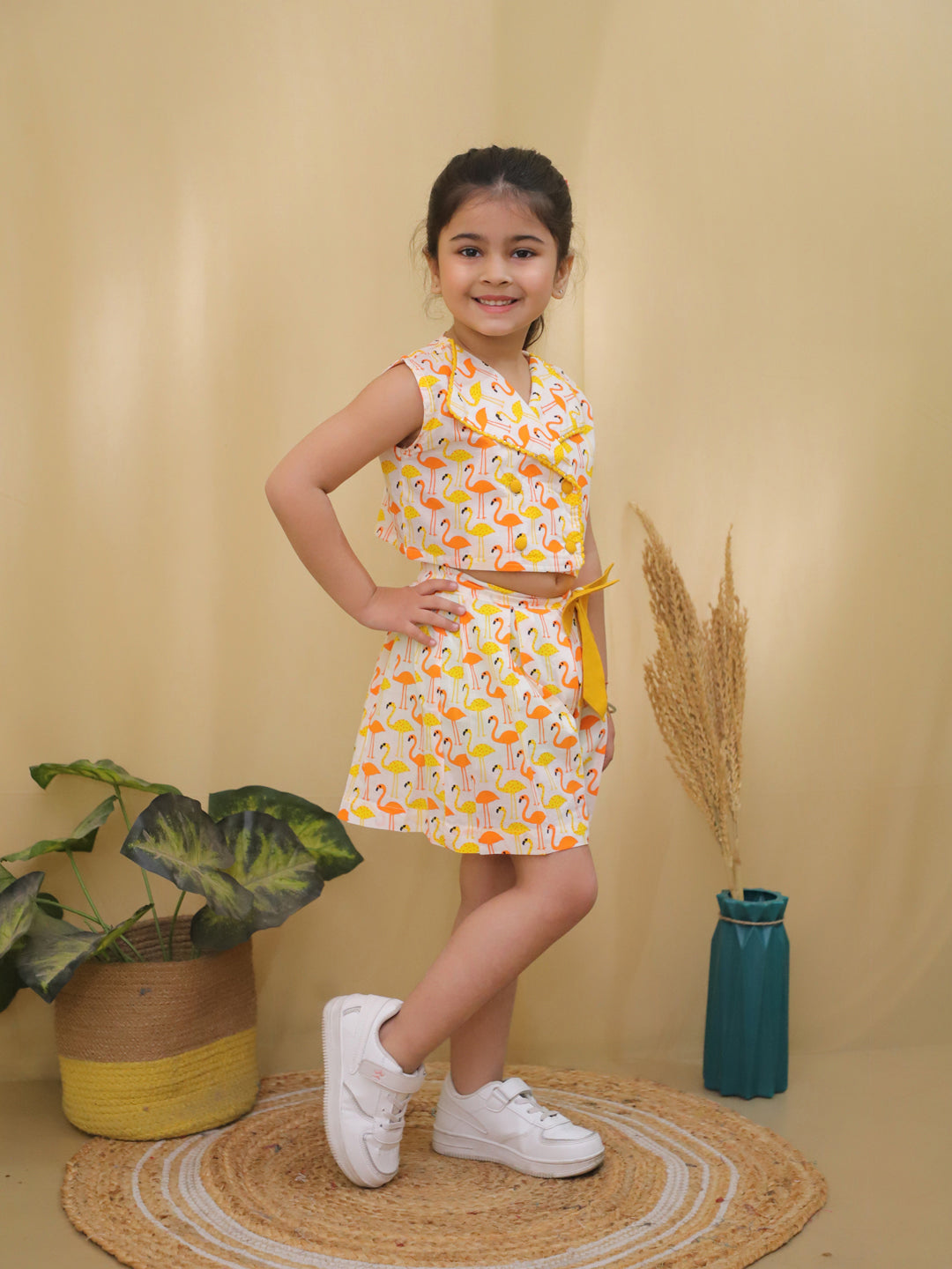 Yellow Sleeveless Swan Print Cotton Co-Ord Sets For Girls - AJ Dezines