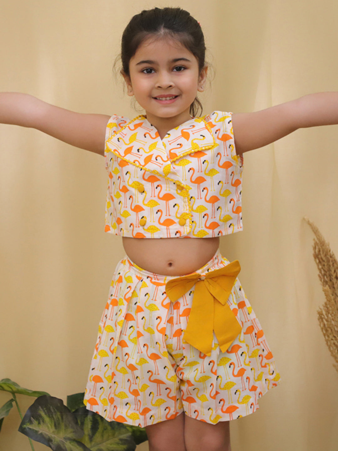 Yellow Sleeveless Swan Print Cotton Co-Ord Sets For Girls - AJ Dezines