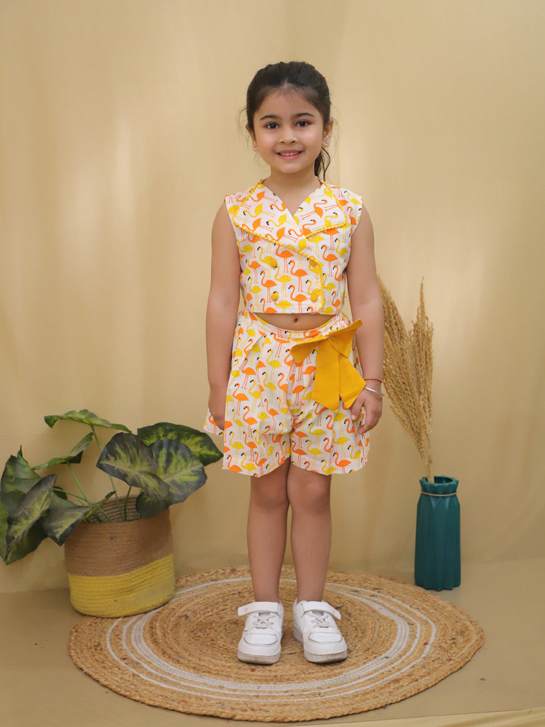 Yellow Sleeveless Swan Print Cotton Co-Ord Sets For Girls - AJ Dezines