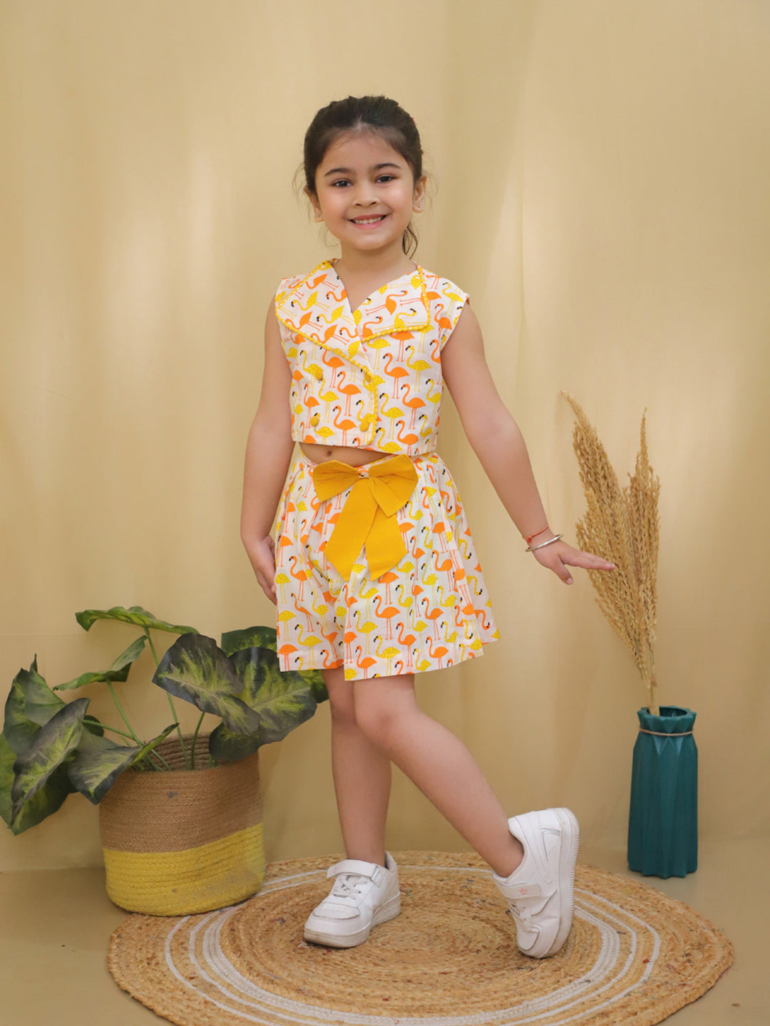Yellow Sleeveless Swan Print Cotton Co-Ord Sets For Girls - AJ Dezines