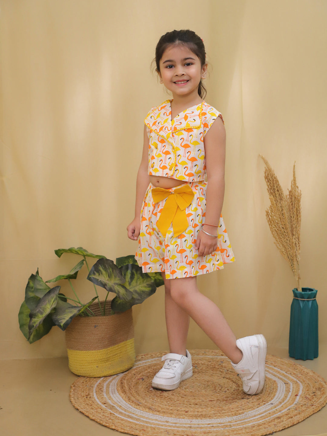 Yellow Sleeveless Swan Print Cotton Co-Ord Sets For Girls - AJ Dezines