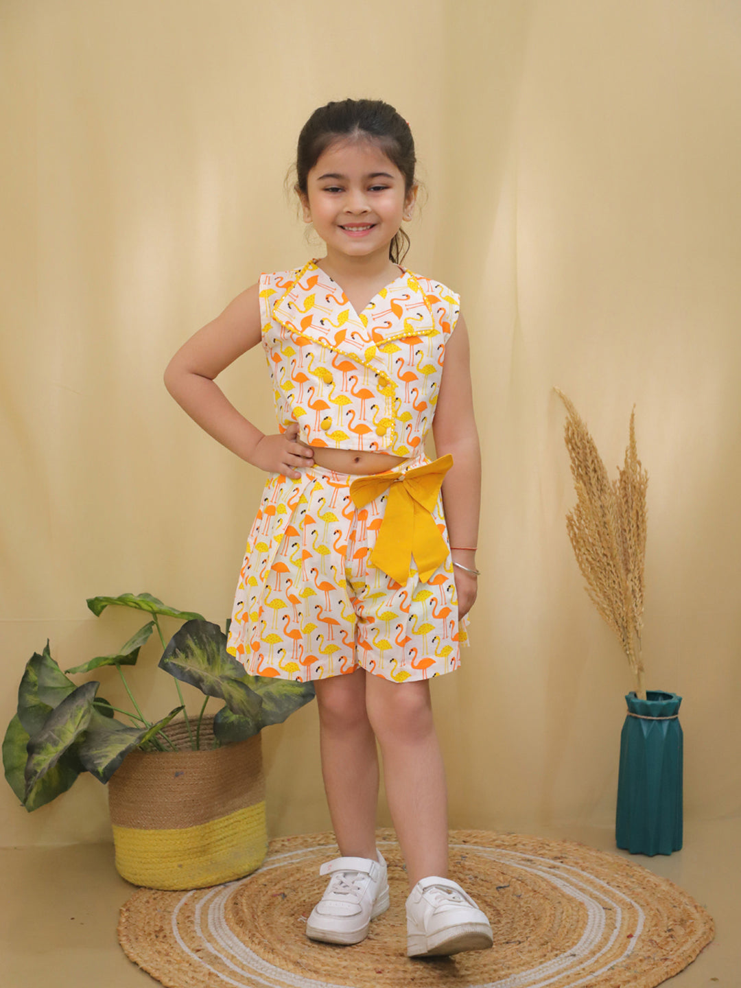 Yellow Sleeveless Swan Print Cotton Co-Ord Sets For Girls - AJ Dezines