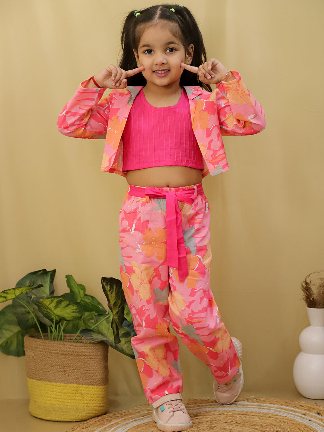 Pink Full sleeves Floral Cotton Co-Ord Sets For Girls - AJ Dezines