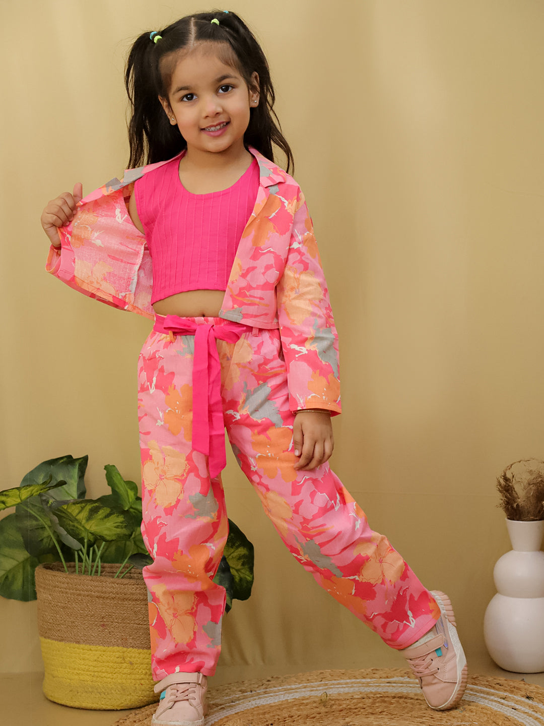 Pink Full sleeves Floral Cotton Co-Ord Sets For Girls - AJ Dezines