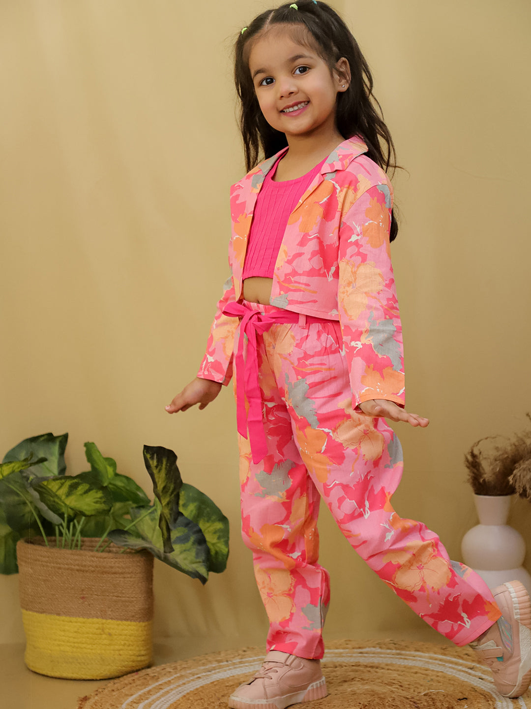 Pink Full sleeves Floral Cotton Co-Ord Sets For Girls - AJ Dezines