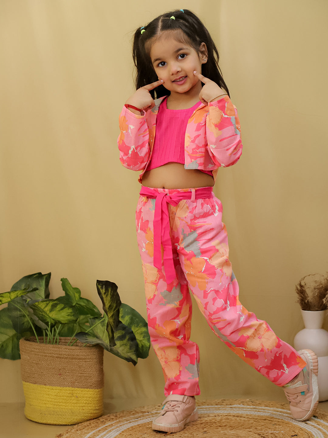 Pink Full sleeves Floral Cotton Co-Ord Sets For Girls - AJ Dezines