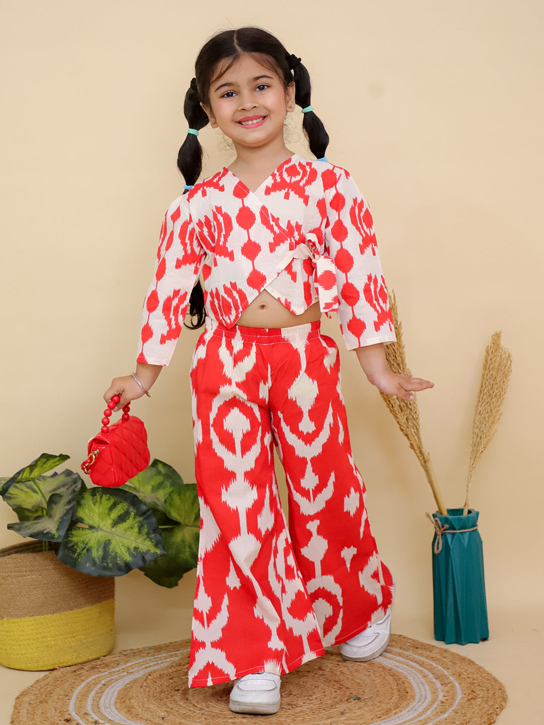 Red Full sleeves Abstract Cotton Co-Ord Sets For Girls - AJ Dezines