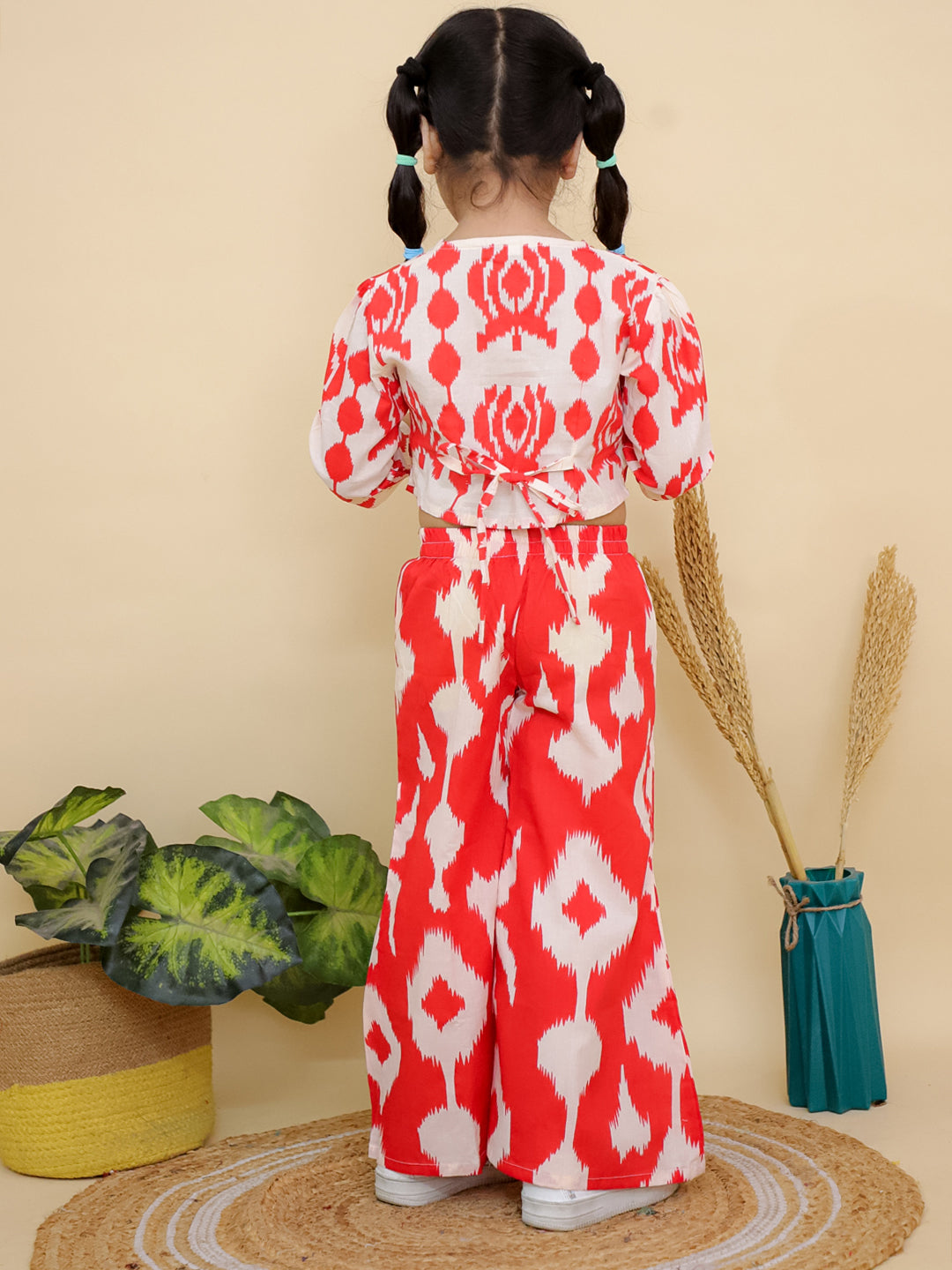 Red Full sleeves Abstract Cotton Co-Ord Sets For Girls - AJ Dezines