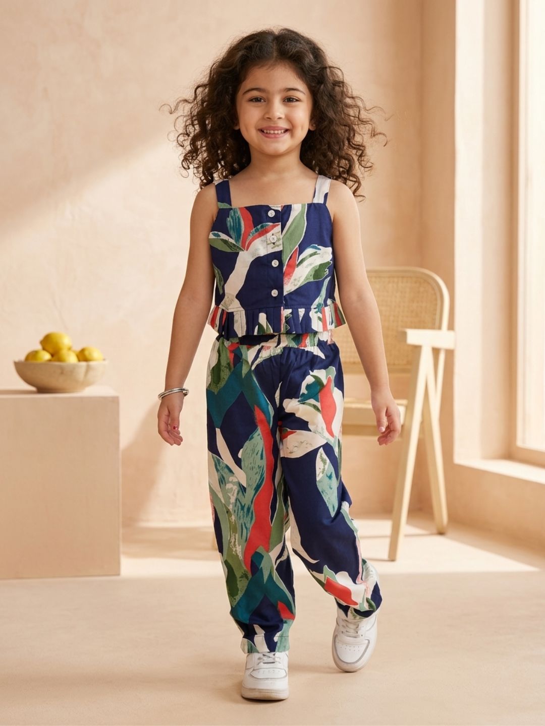 Blue Sleeveless Tropical Cotton Co-Ord Sets For Girls - AJ Dezines