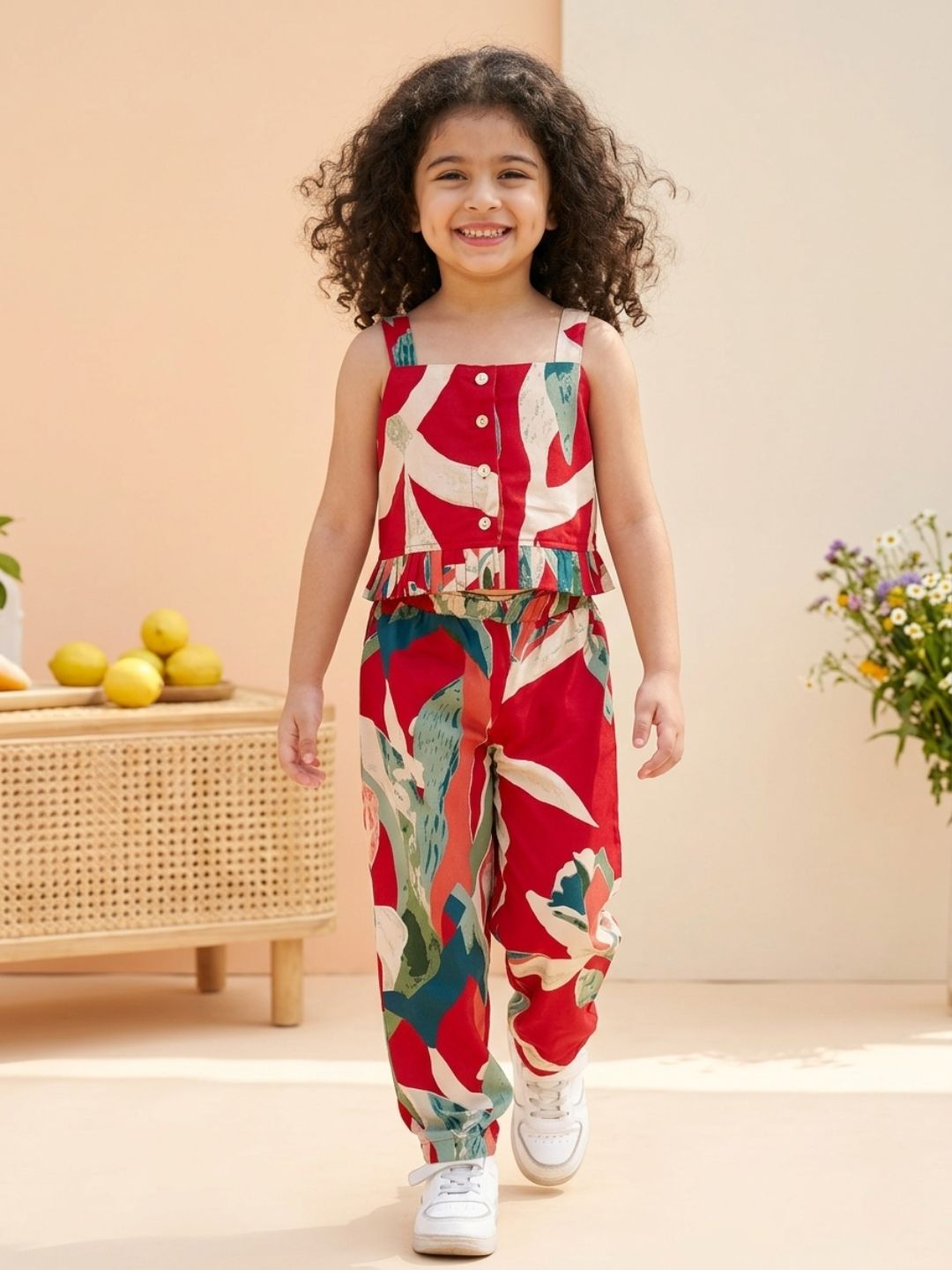 Red Sleeveless Tropical Cotton Co-Ord Sets For Girls - AJ Dezines