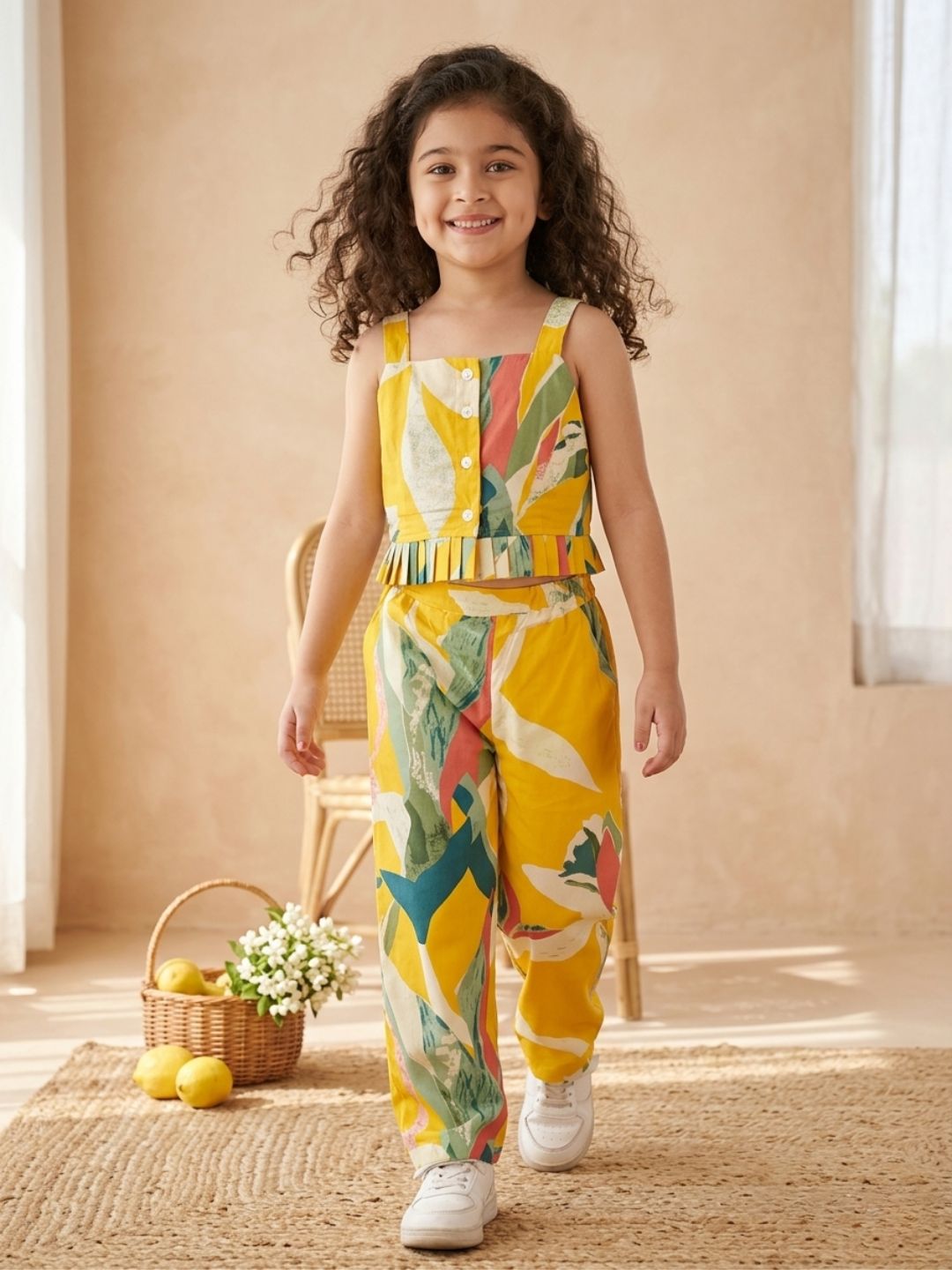 Yellow Sleeveless Tropical Cotton Co-Ord Sets For Girls - AJ Dezines