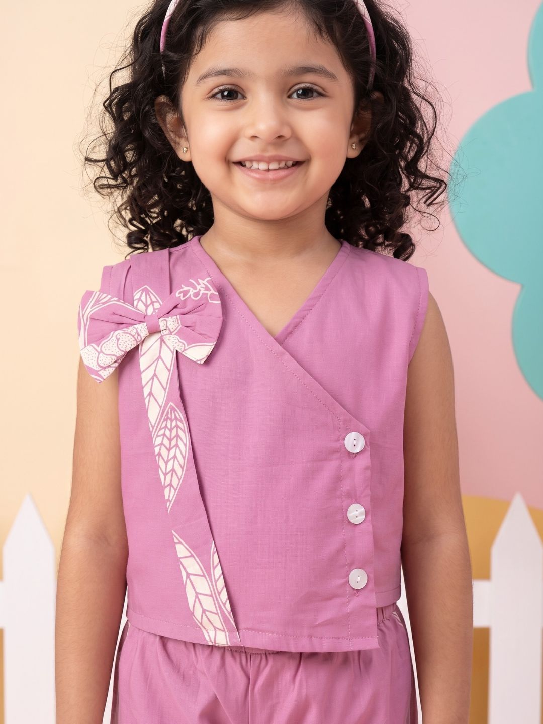Purple Sleeveless Floral Cotton Co-Ord Sets For Girls