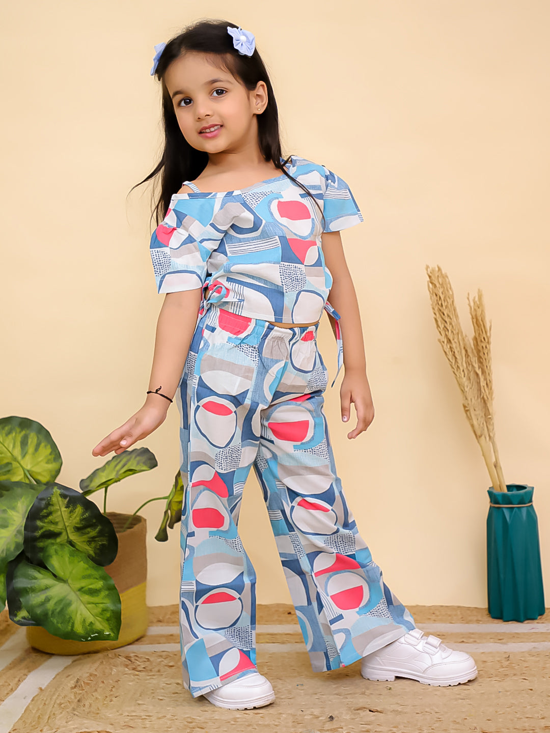 Blue Half Sleeves Abstract Cotton Co-Ord Sets For Girls - AJ Dezines