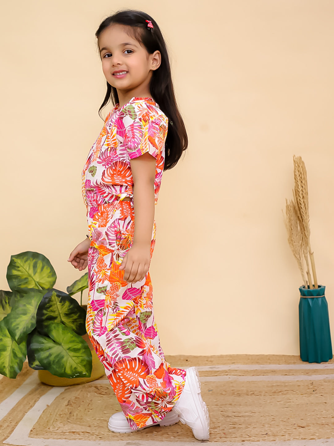 Orange Cotton Half Sleeves Floral Girls Co-Ords for Girls - AJ Dezines