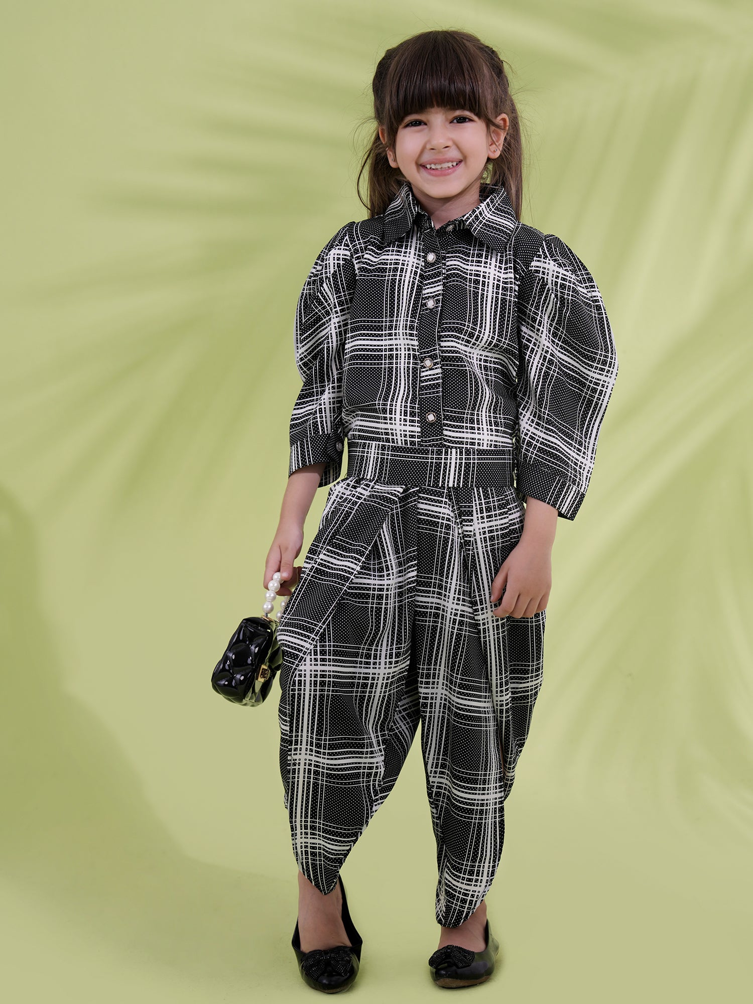 Black Cotton Blend 3-4th Sleeves Check Print Girls Co-Ords - AJ Dezines