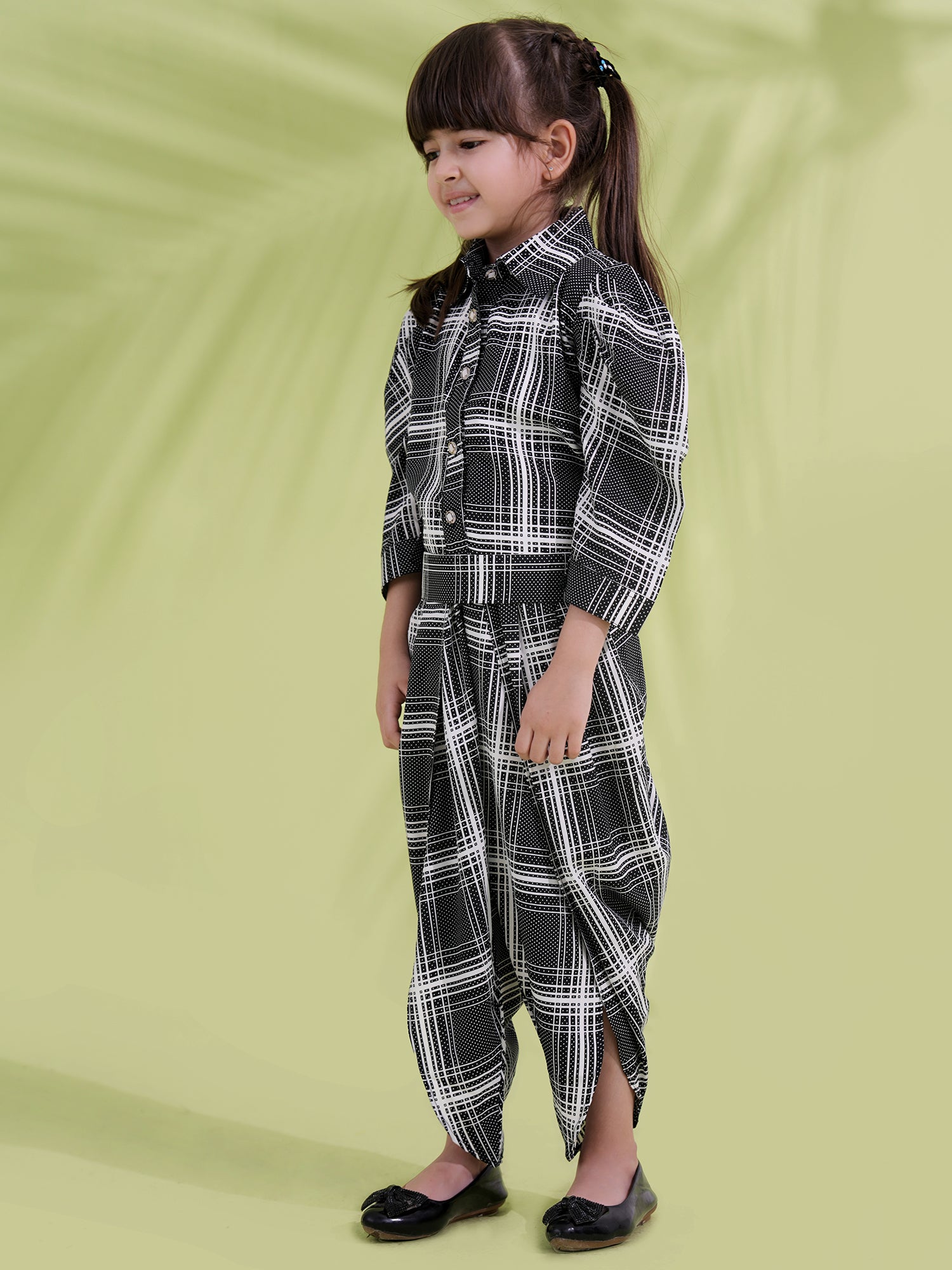 Black Cotton Blend 3-4th Sleeves Check Print Girls Co-Ords - AJ Dezines
