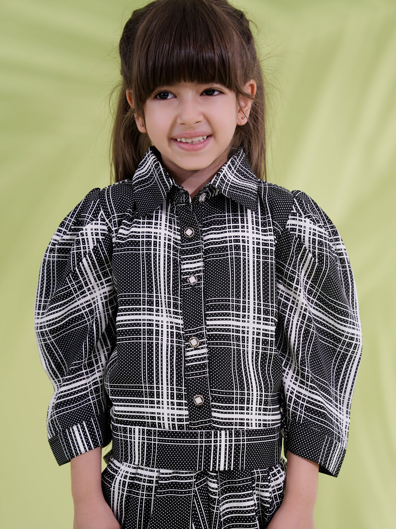 Black Cotton Blend 3-4th Sleeves Check Print Girls Co-Ords - AJ Dezines