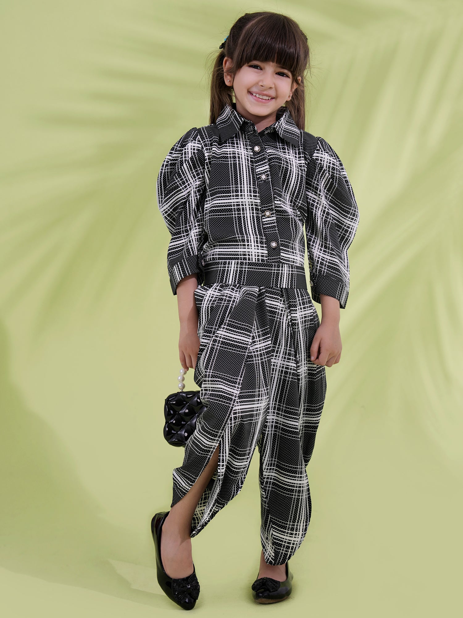 Black Cotton Blend 3-4th Sleeves Check Print Girls Co-Ords - AJ Dezines