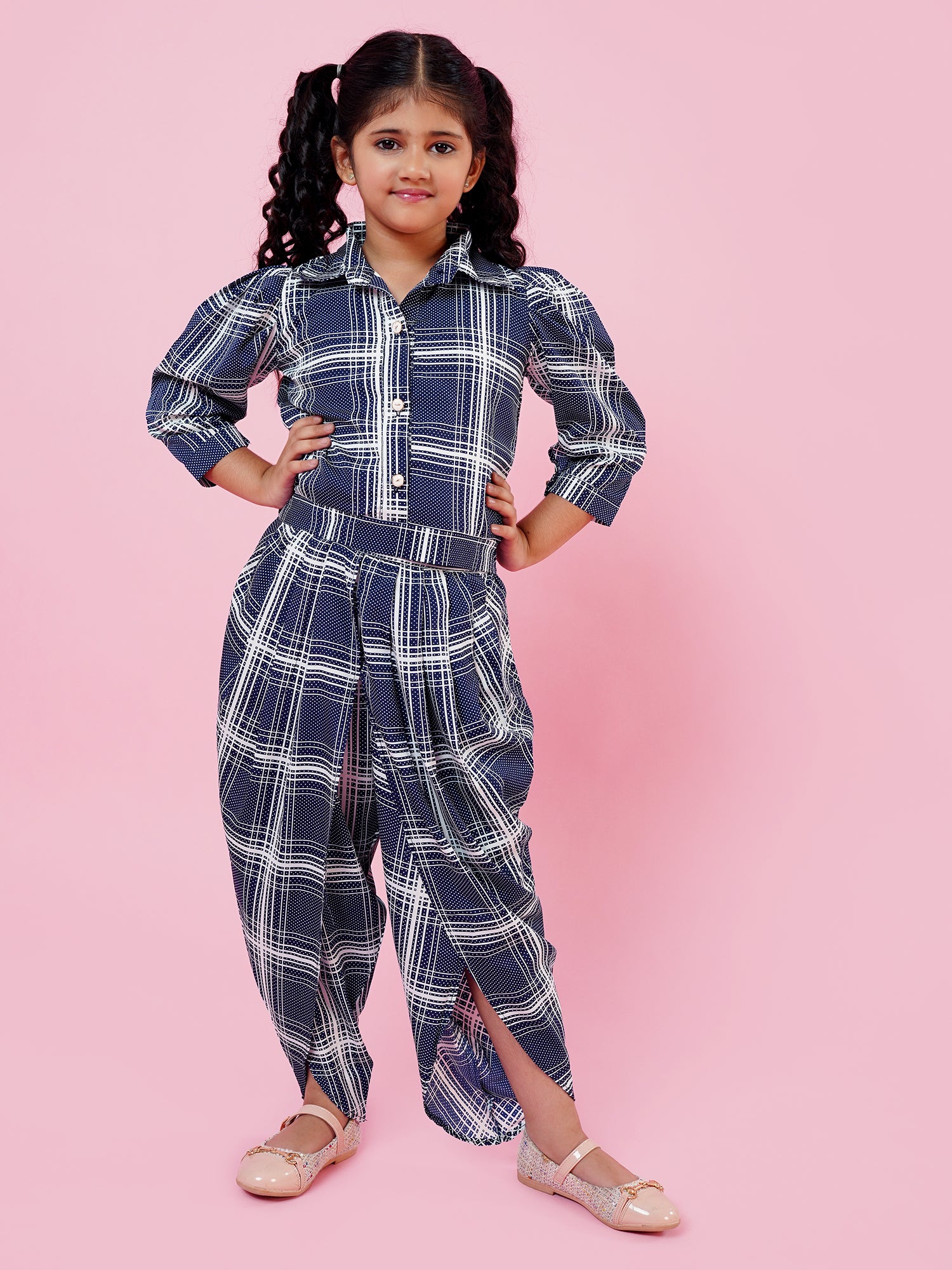 Blue Cotton Blend 3-4th Sleeves Check Print Girls Co-Ords - AJ Dezines