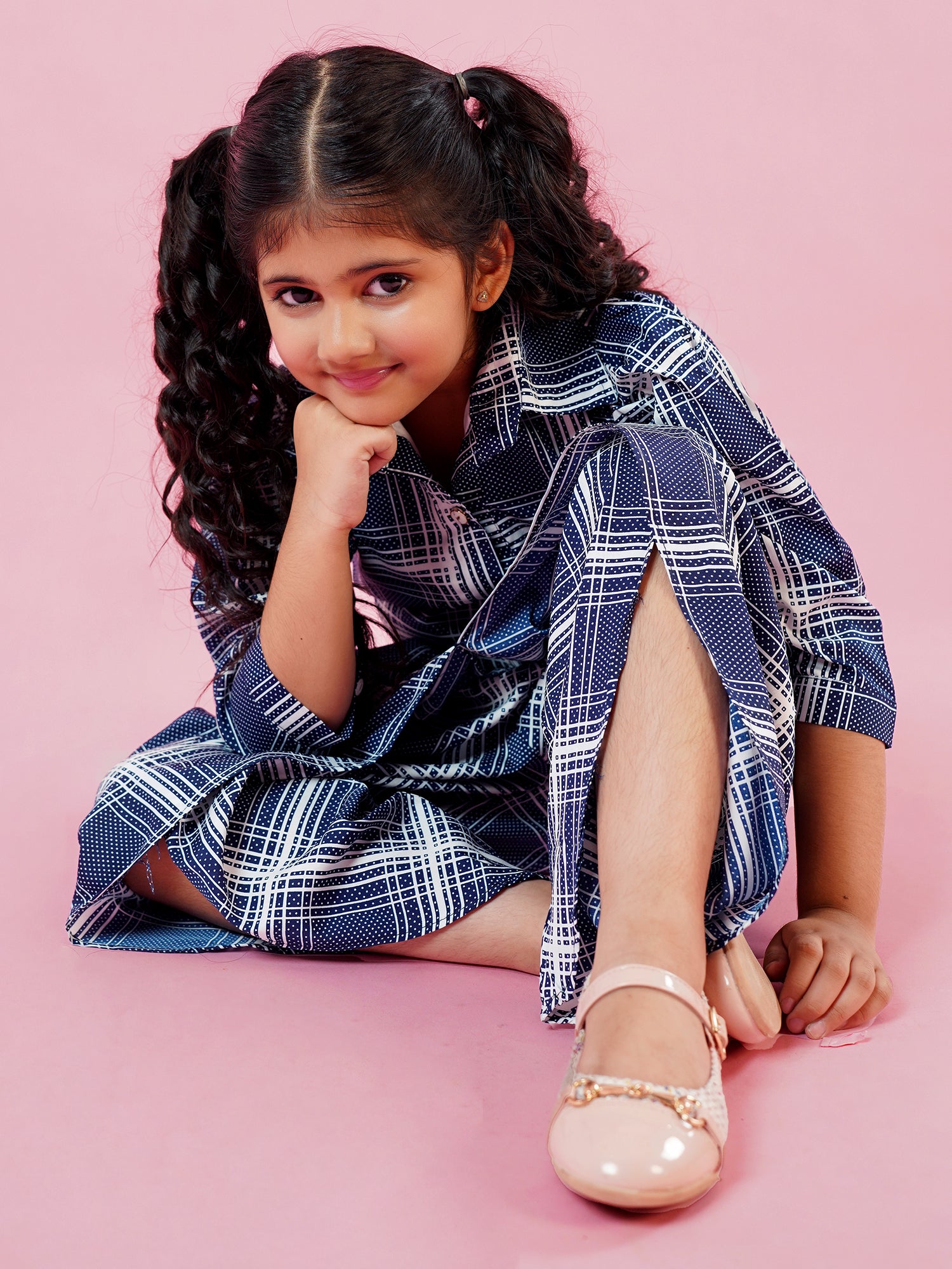 Blue Cotton Blend 3-4th Sleeves Check Print Girls Co-Ords - AJ Dezines