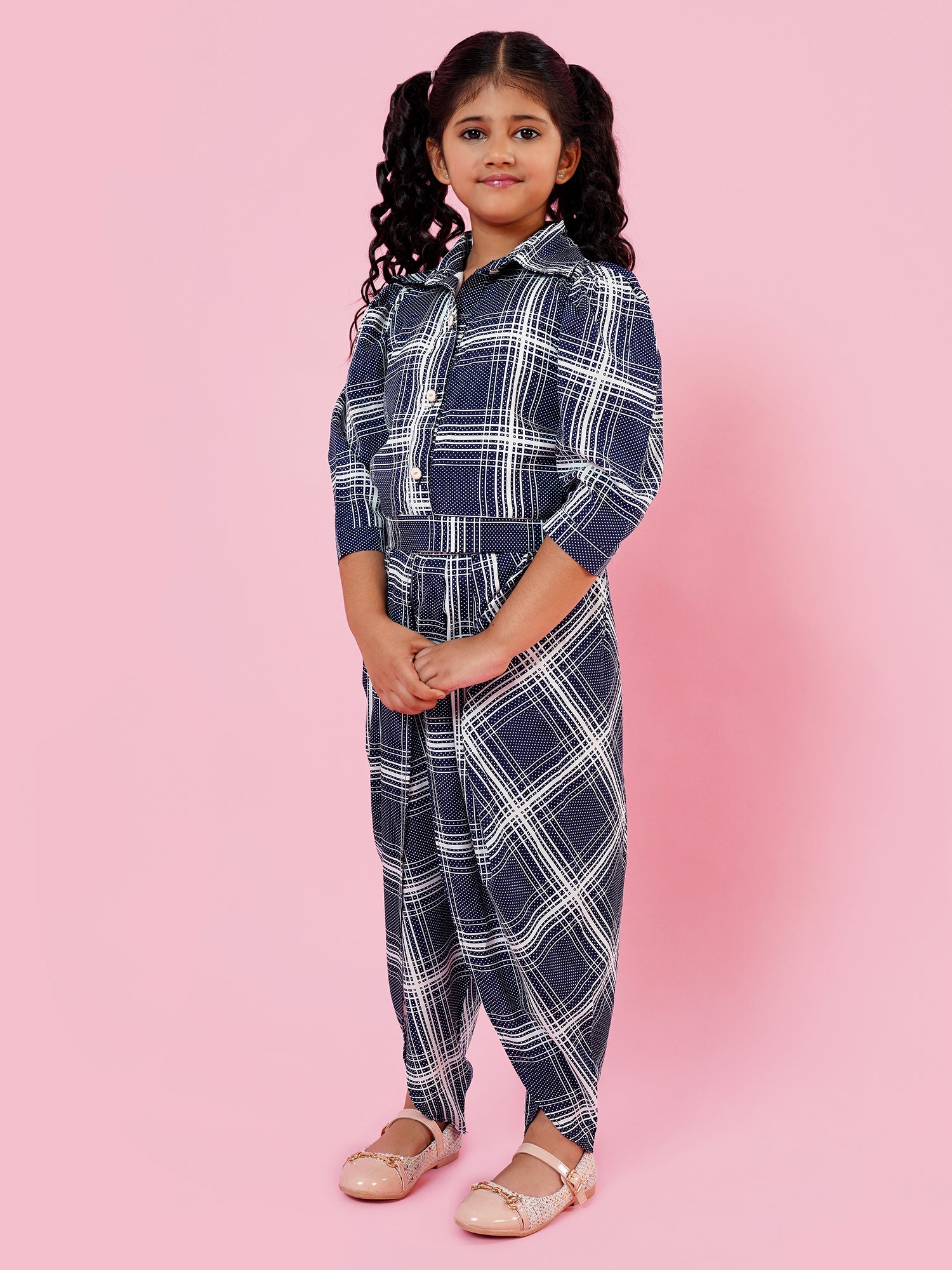 Blue Cotton Blend 3-4th Sleeves Check Print Girls Co-Ords - AJ Dezines