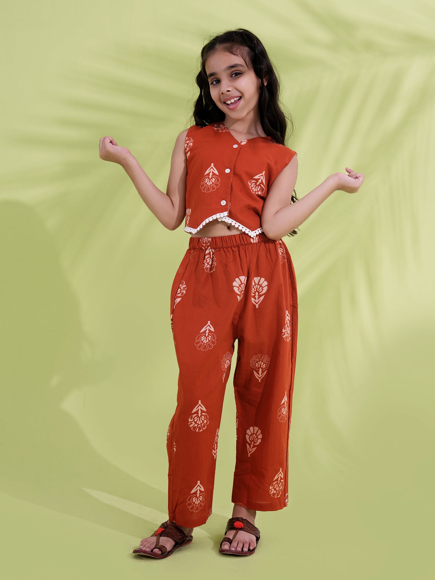 Rust Cotton Sleeveless Printed Girls Co-Ords - AJ Dezines