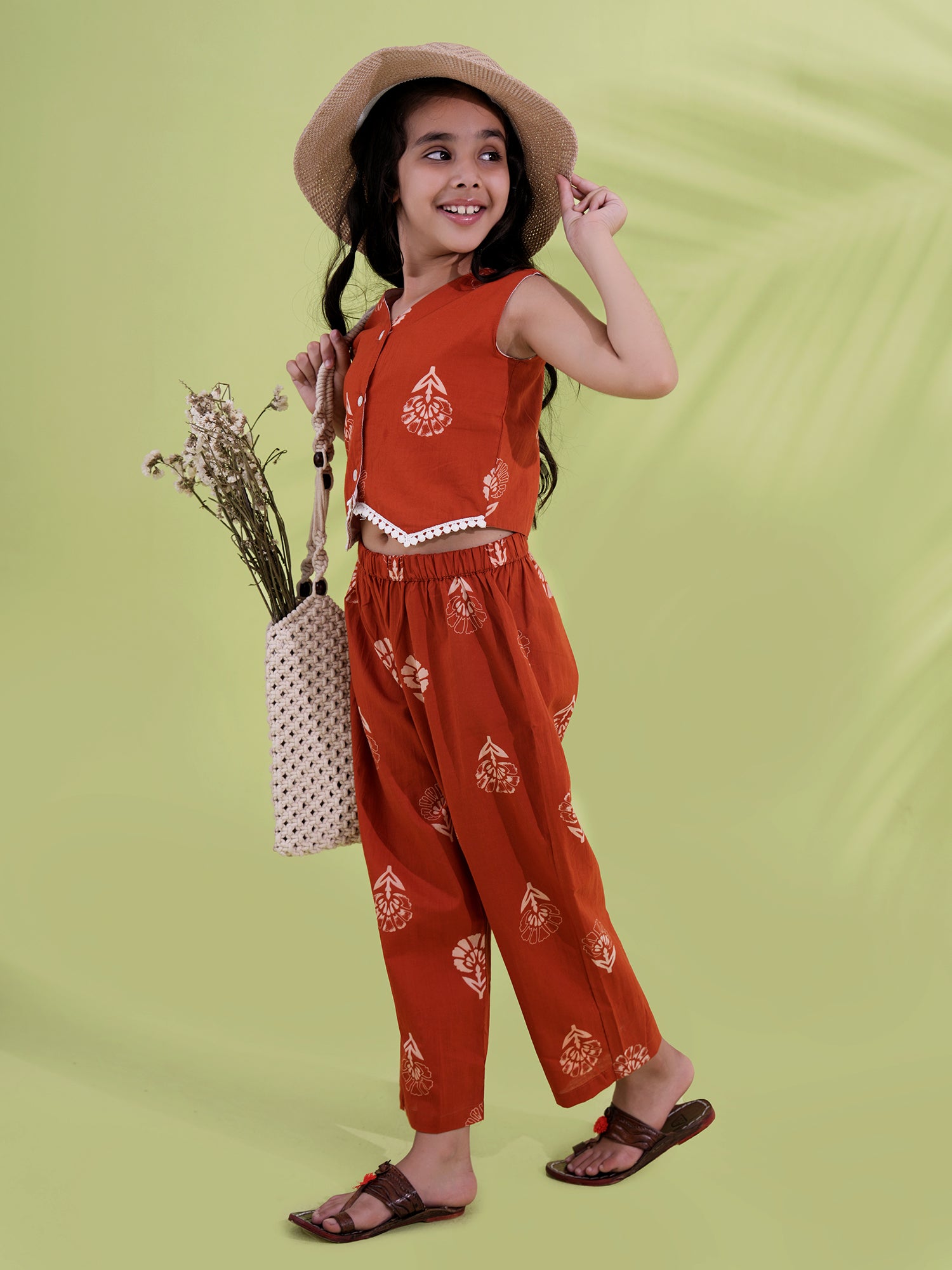 Rust Cotton Sleeveless Printed Girls Co-Ords - AJ Dezines