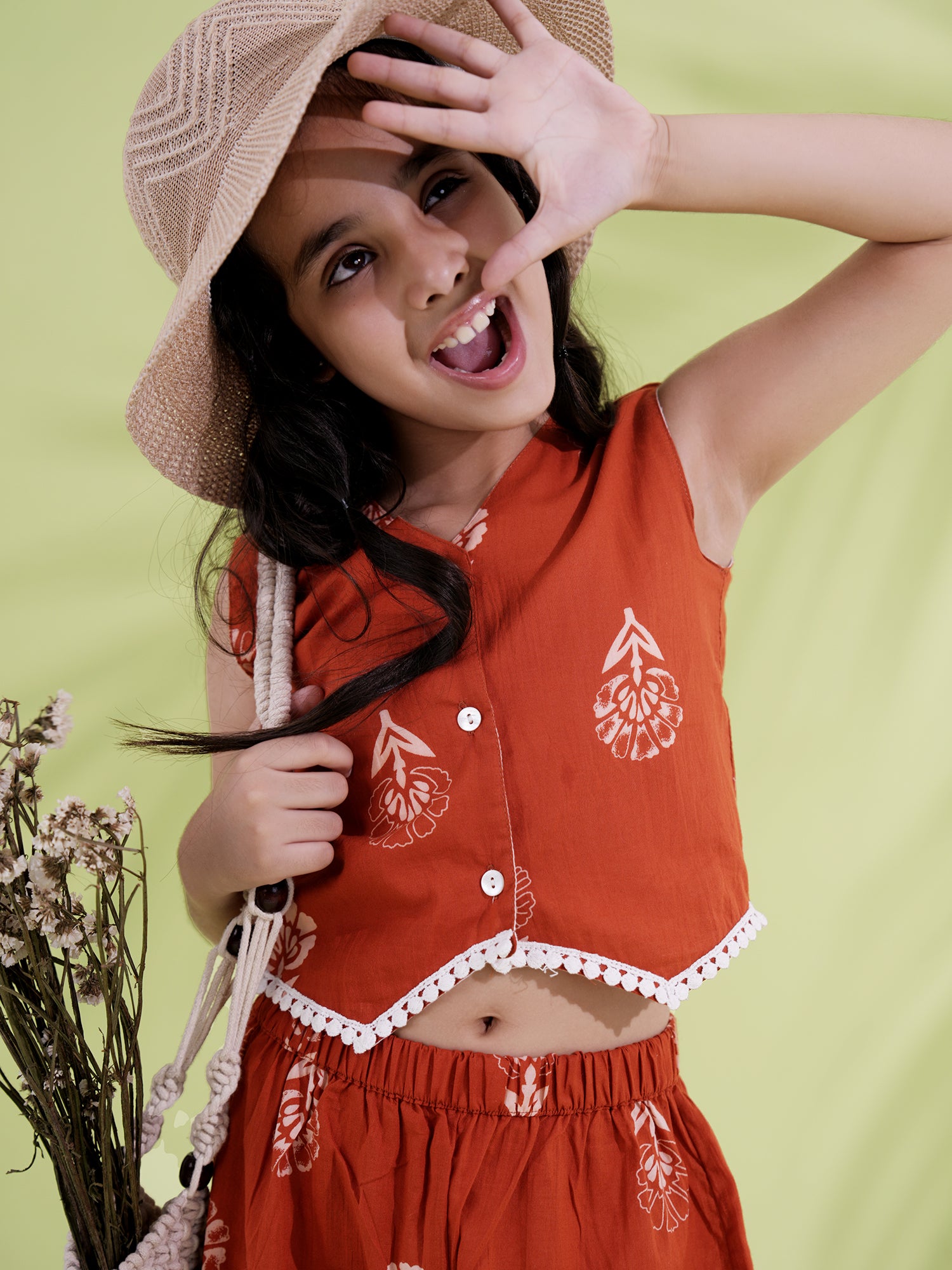 Rust Cotton Sleeveless Printed Girls Co-Ords - AJ Dezines