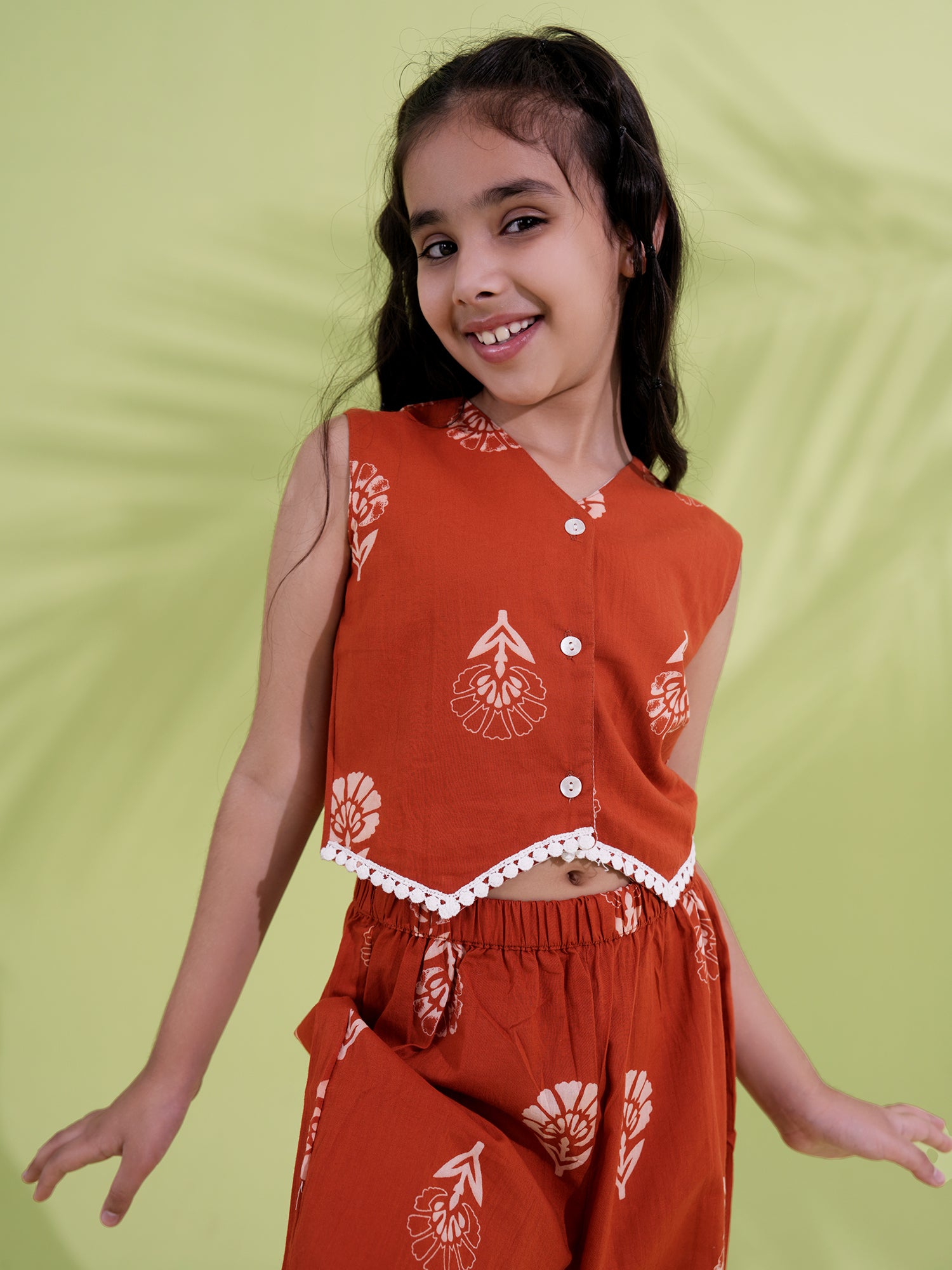 Rust Cotton Sleeveless Printed Girls Co-Ords - AJ Dezines