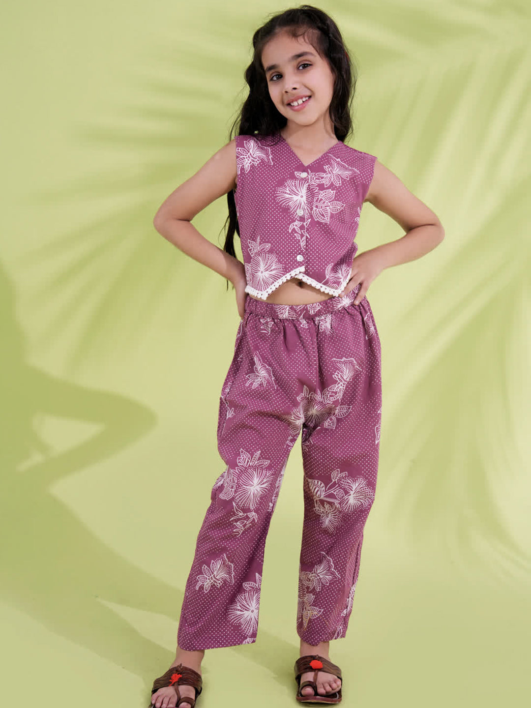 Purple Cotton Sleeveless Printed Girls Co-Ords - AJ Dezines