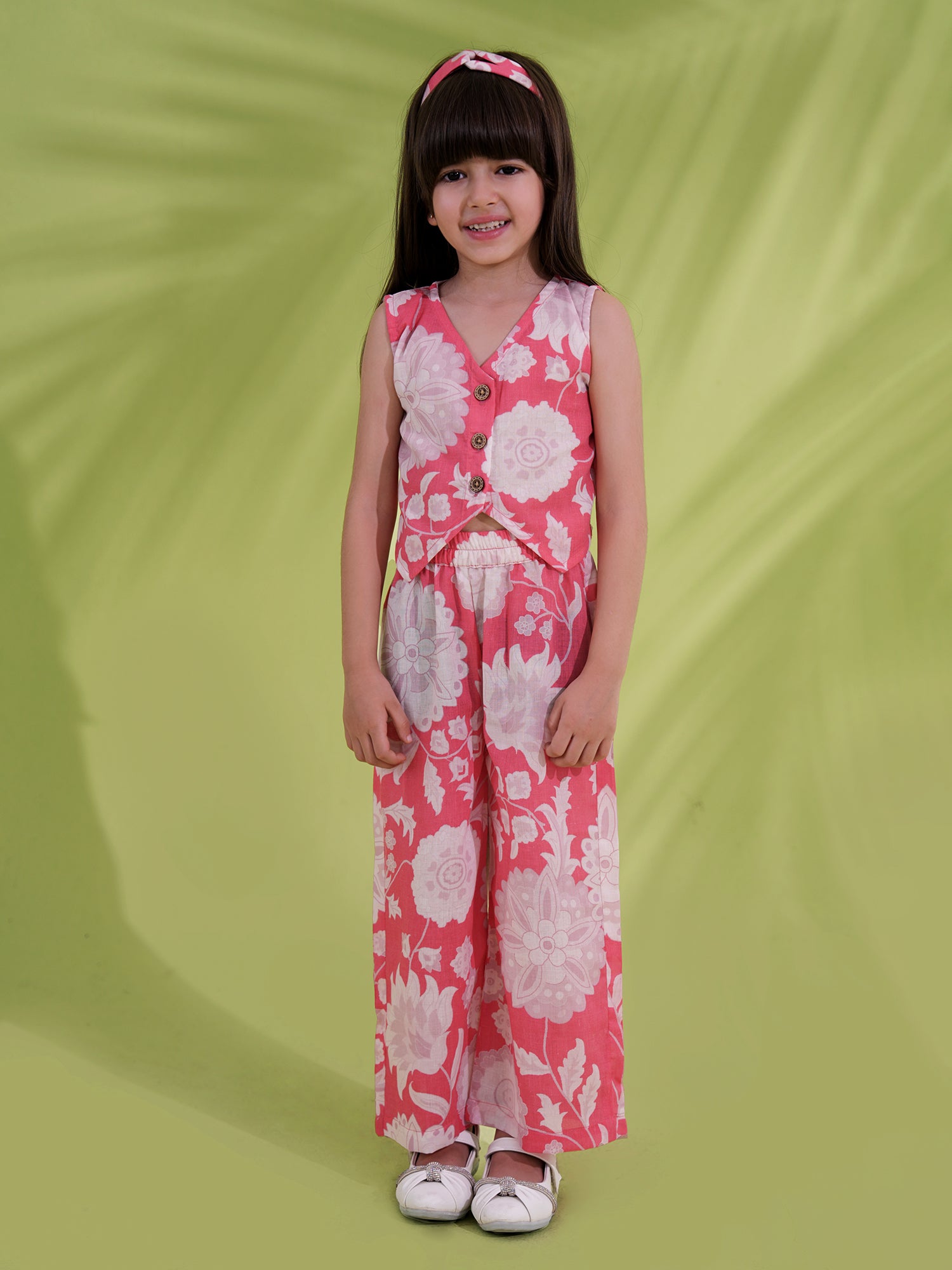 Pink Cotton Sleeveless Floral Printed Girls Co-Ords with Hairband - AJ Dezines