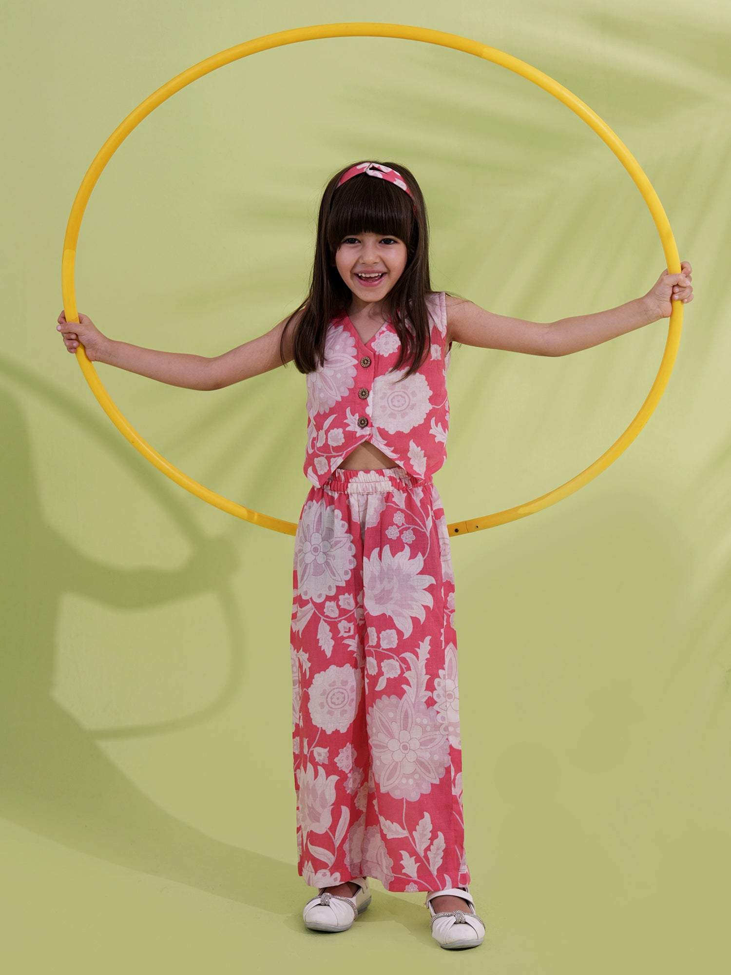 Pink Cotton Sleeveless Floral Printed Girls Co-Ords with Hairband - AJ Dezines