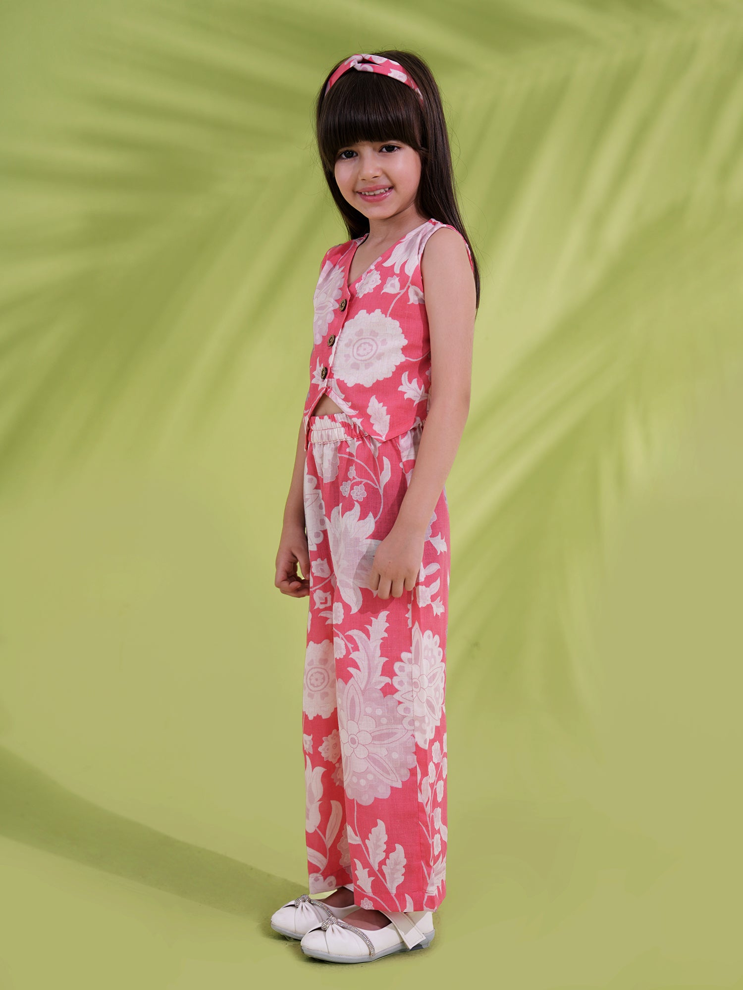 Pink Cotton Sleeveless Floral Printed Girls Co-Ords with Hairband - AJ Dezines