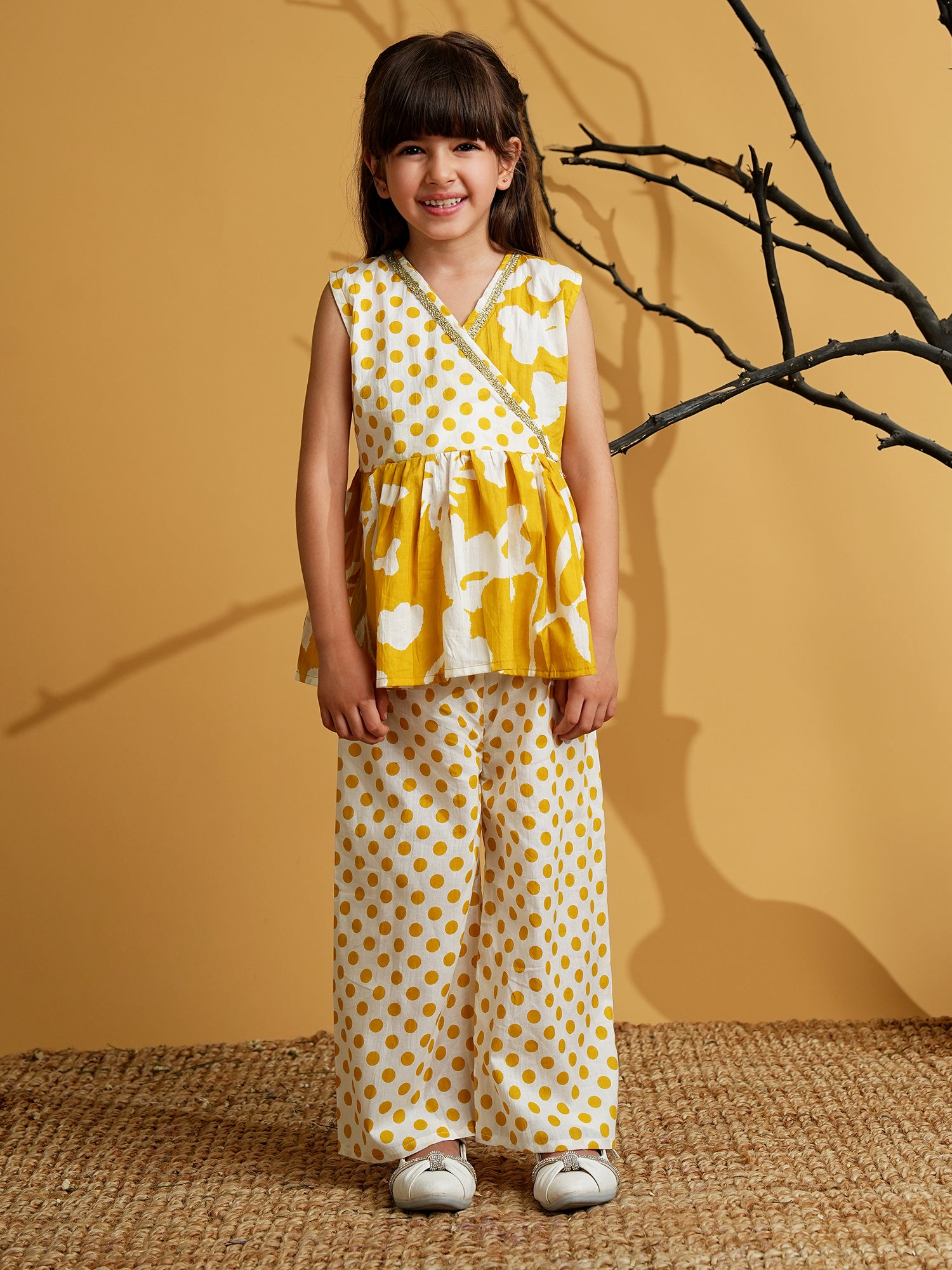 Mustard Cotton Sleeveless Polka Dot Print Girls Co-Ords - AJ Dezines