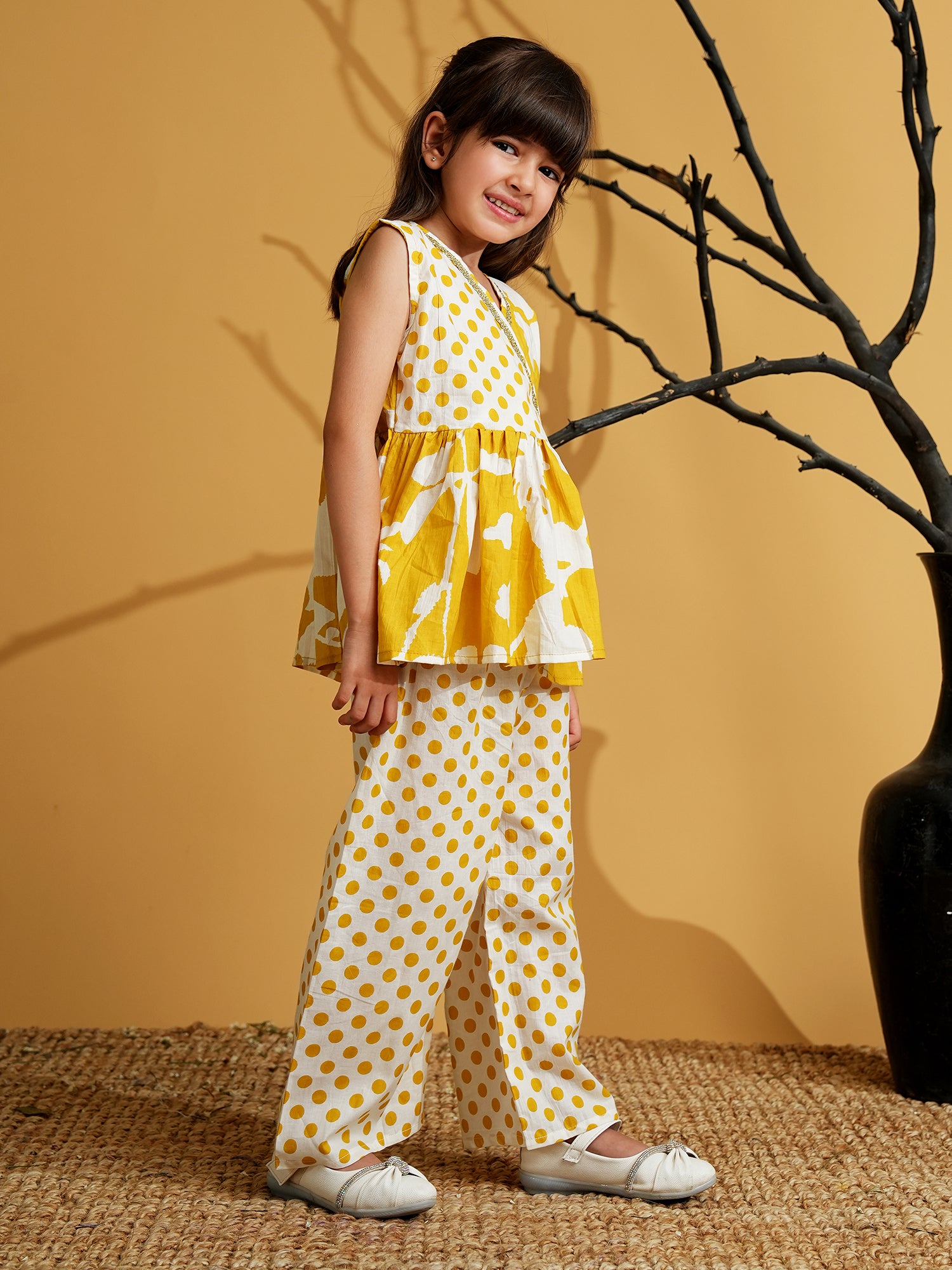 Mustard Cotton Sleeveless Polka Dot Print Girls Co-Ords - AJ Dezines