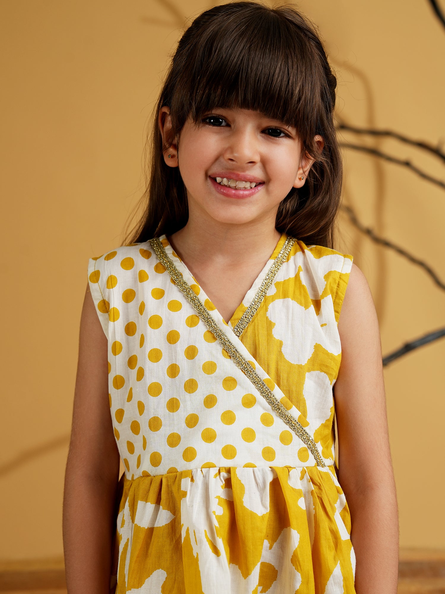 Mustard Cotton Sleeveless Polka Dot Print Girls Co-Ords - AJ Dezines