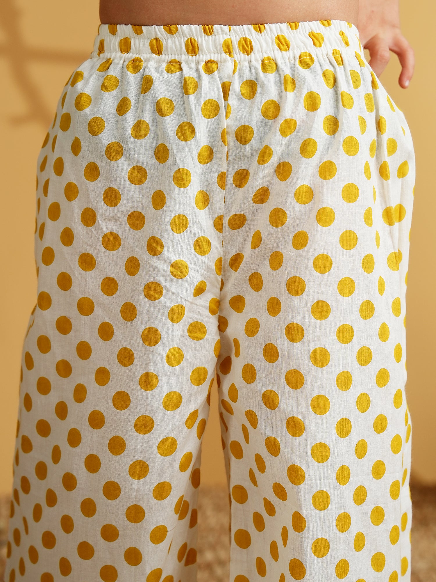 Mustard Cotton Sleeveless Polka Dot Print Girls Co-Ords - AJ Dezines