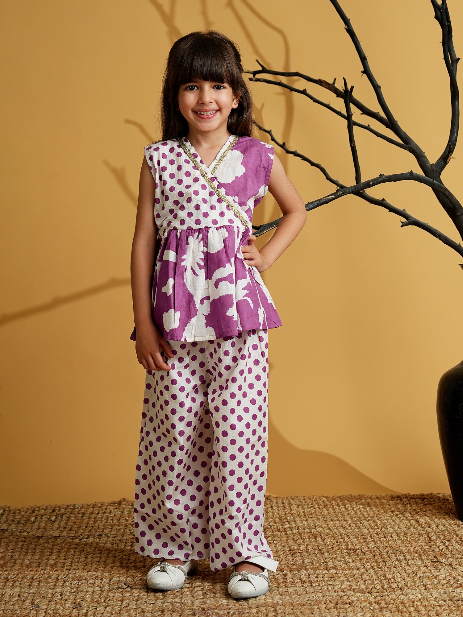 Purple Cotton Sleeveless Polka Dot Print Girls Co-Ords - AJ Dezines