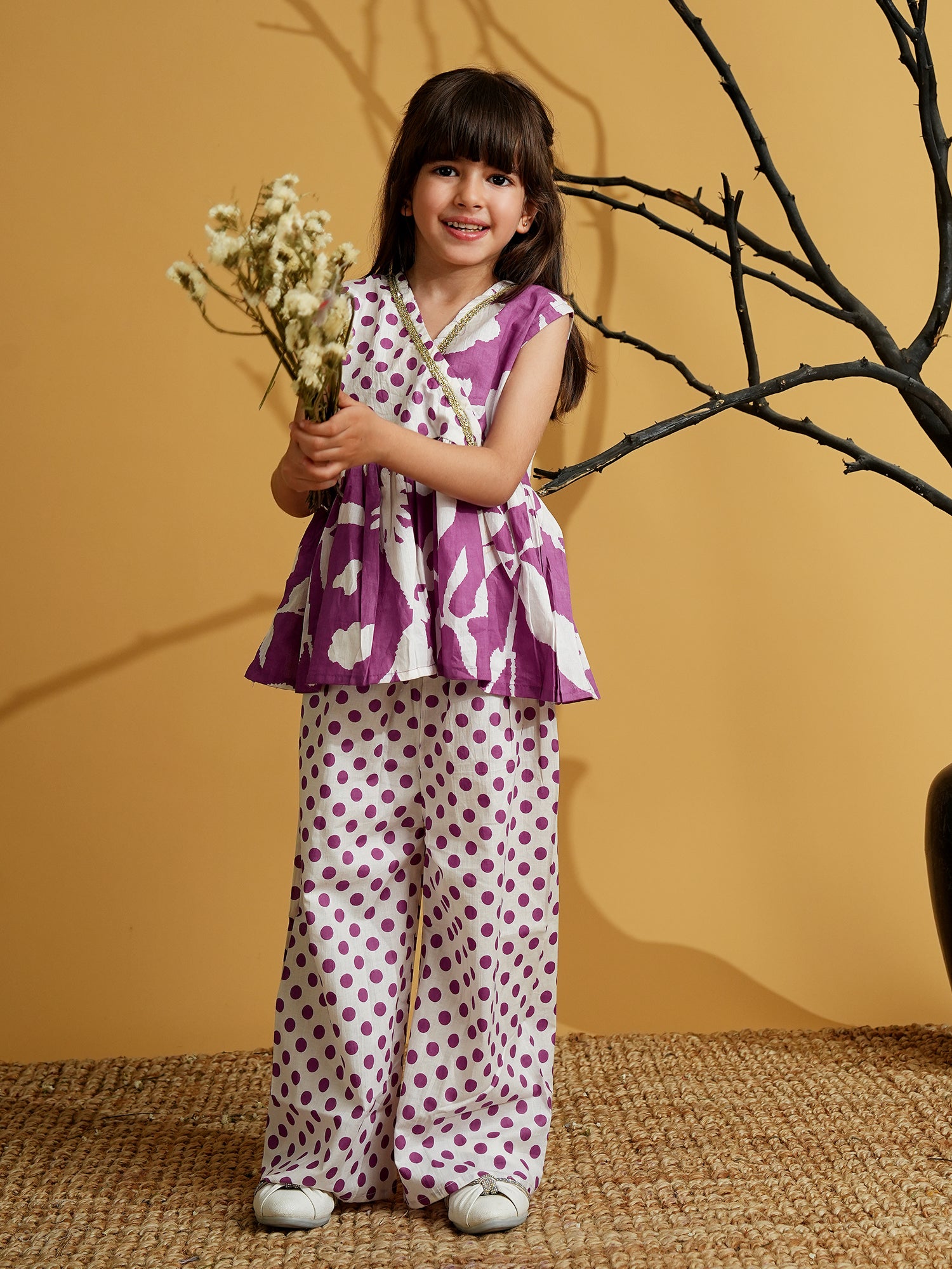 Purple Cotton Sleeveless Polka Dot Print Girls Co-Ords - AJ Dezines