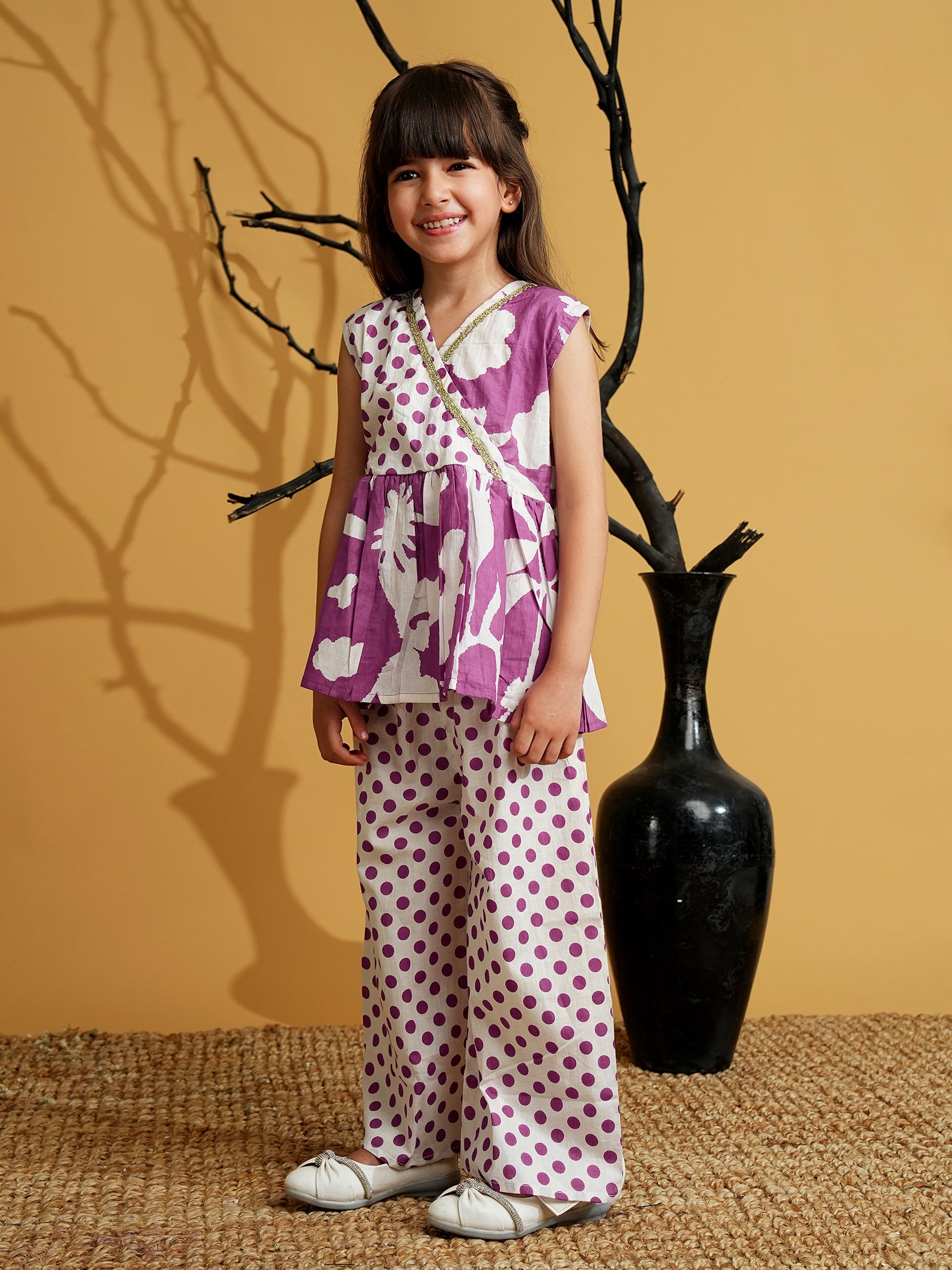 Purple Cotton Sleeveless Polka Dot Print Girls Co-Ords - AJ Dezines