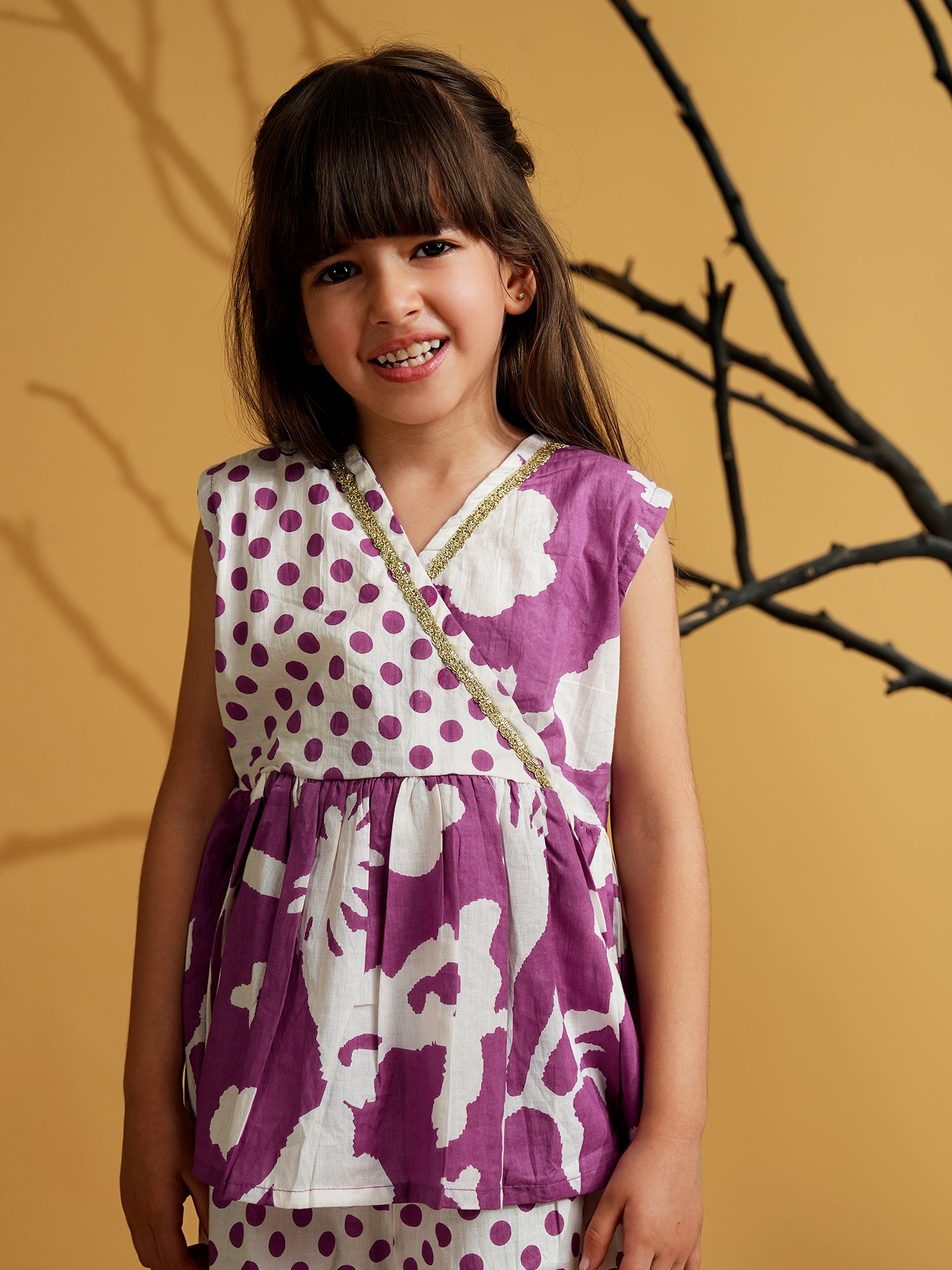 Purple Cotton Sleeveless Polka Dot Print Girls Co-Ords - AJ Dezines
