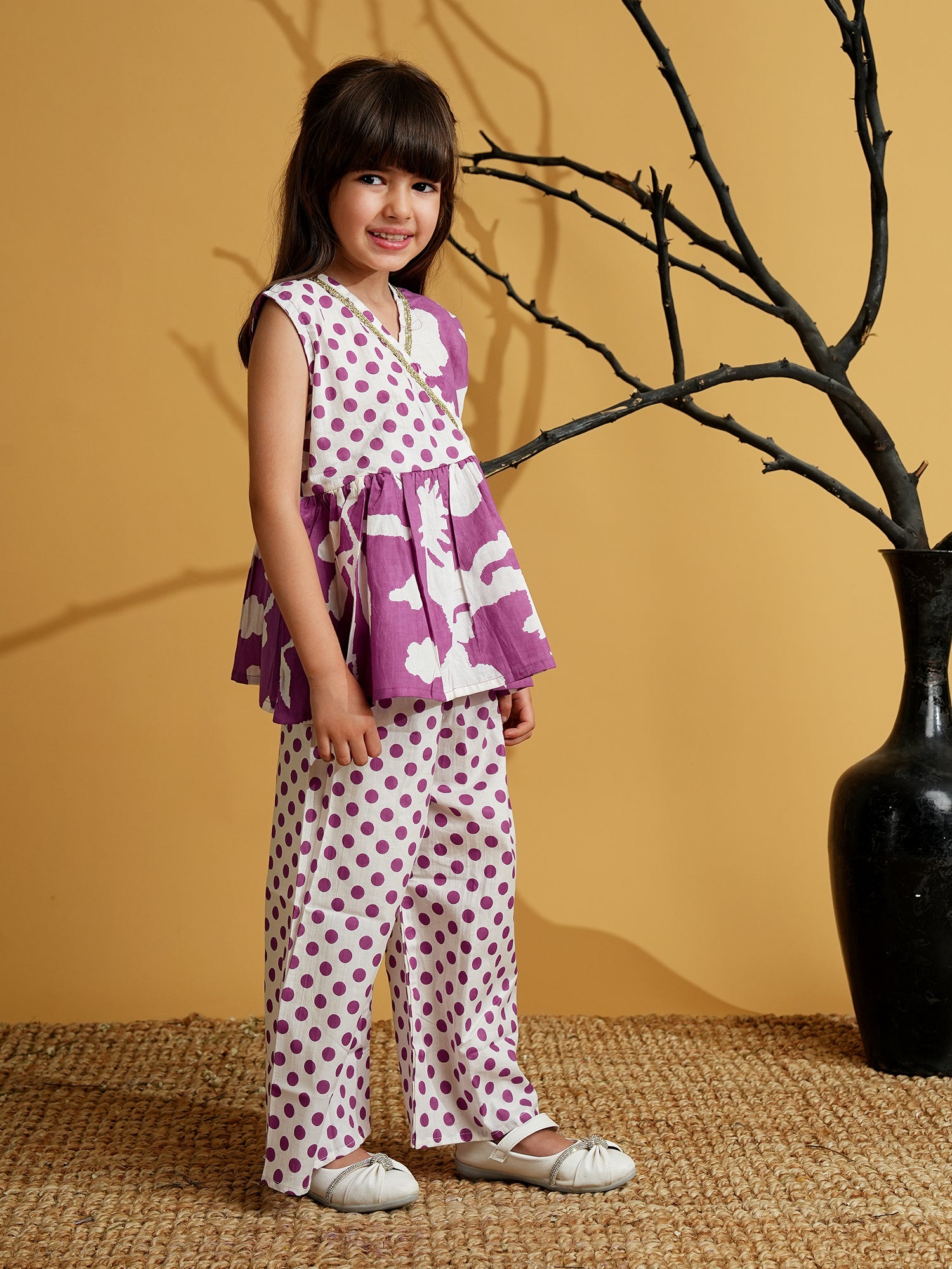 Purple Cotton Sleeveless Polka Dot Print Girls Co-Ords - AJ Dezines