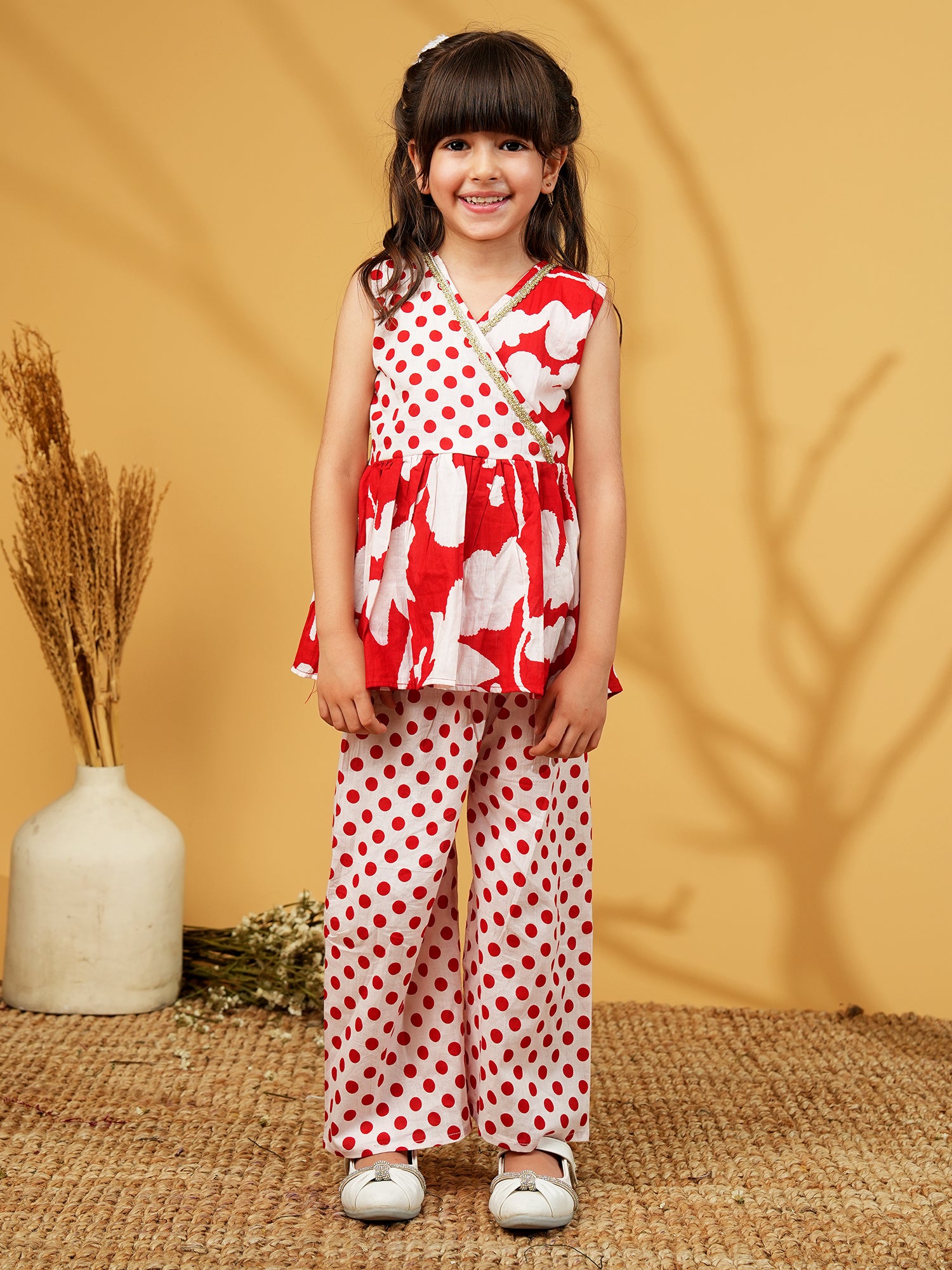 Red Cotton Sleeveless Polka Dot Print Girls Co-Ords - AJ Dezines