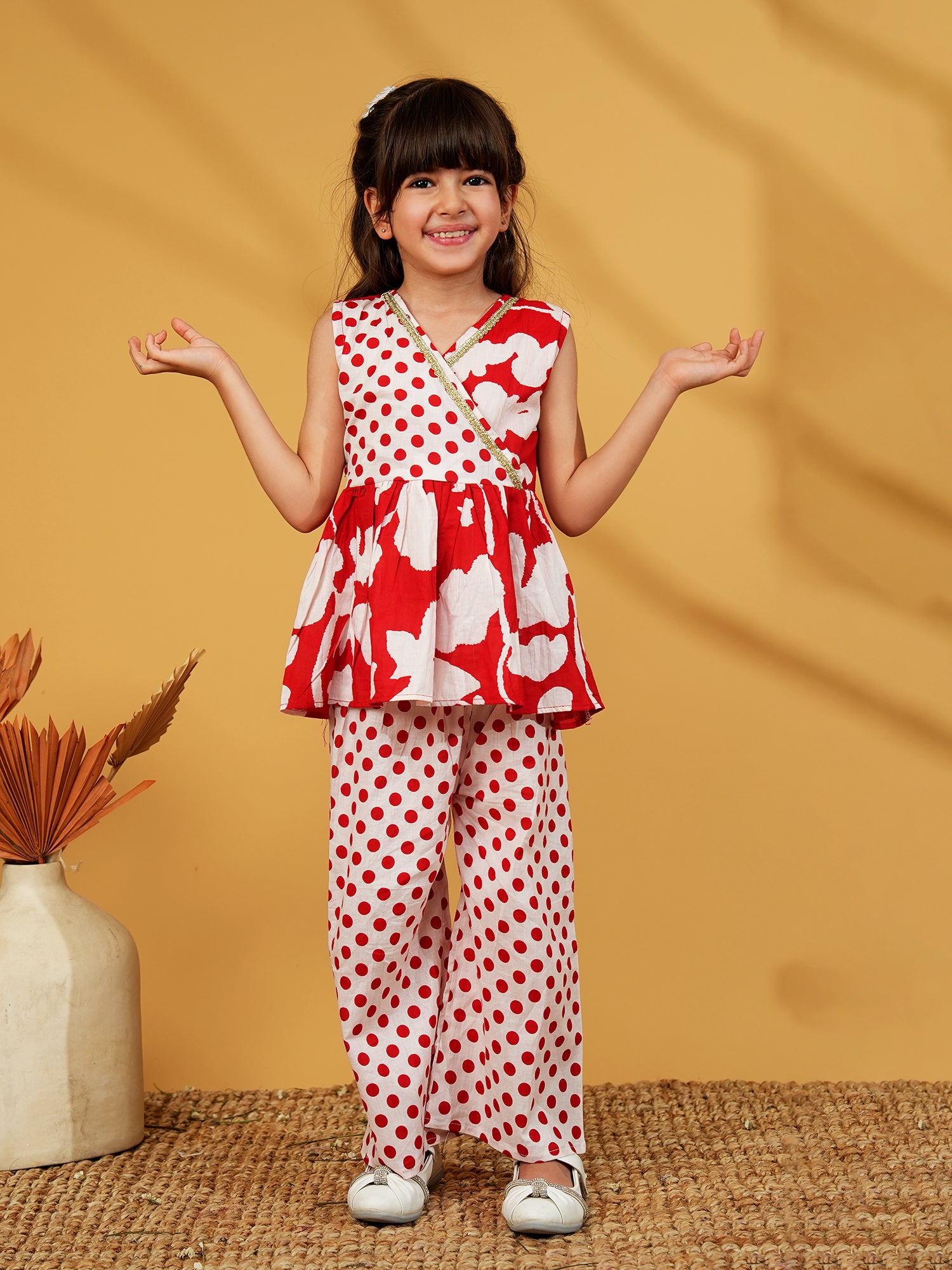 Red Cotton Sleeveless Polka Dot Print Girls Co-Ords - AJ Dezines
