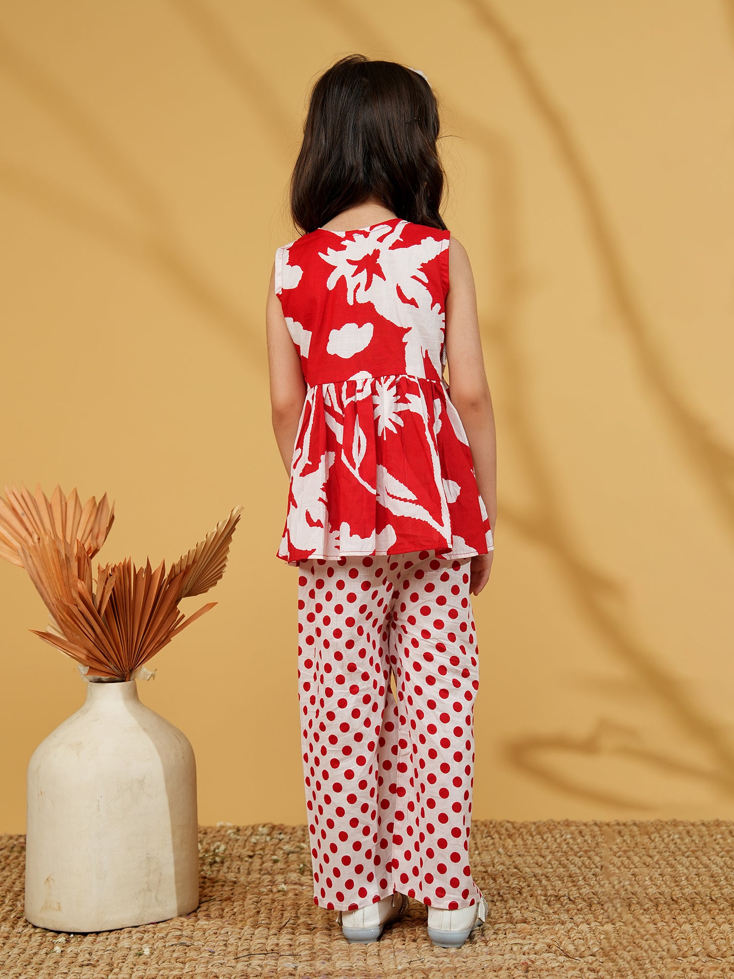 Red Cotton Sleeveless Polka Dot Print Girls Co-Ords - AJ Dezines